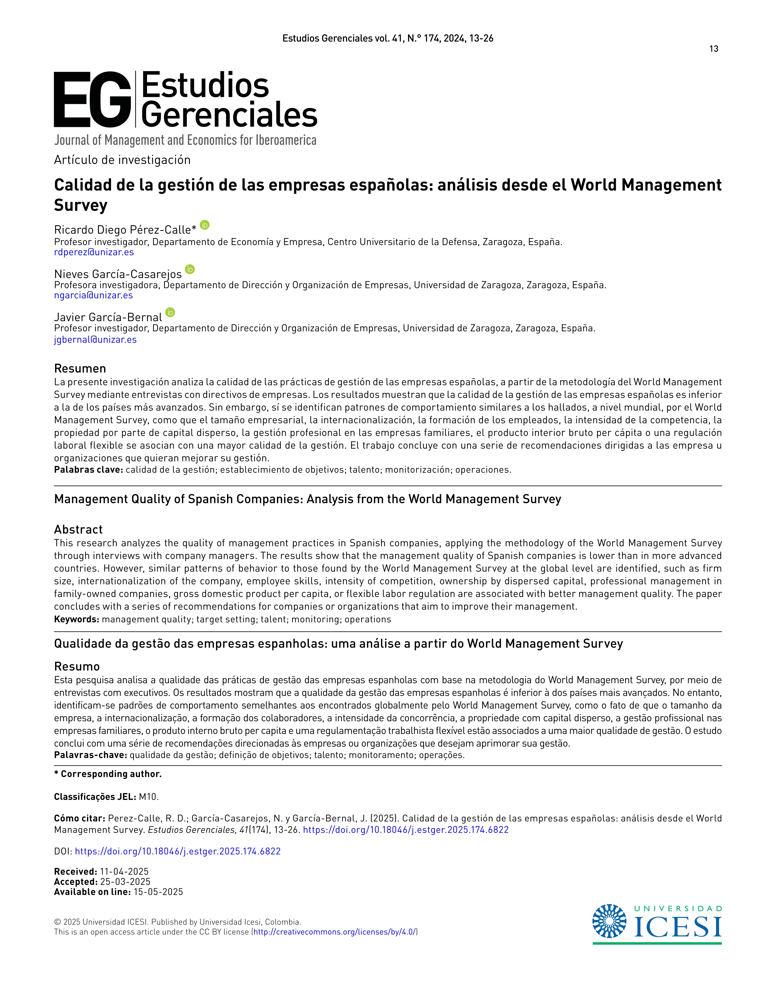 Calidad de la gestión de las empresas españolas: análisis desde el World Management Survey
