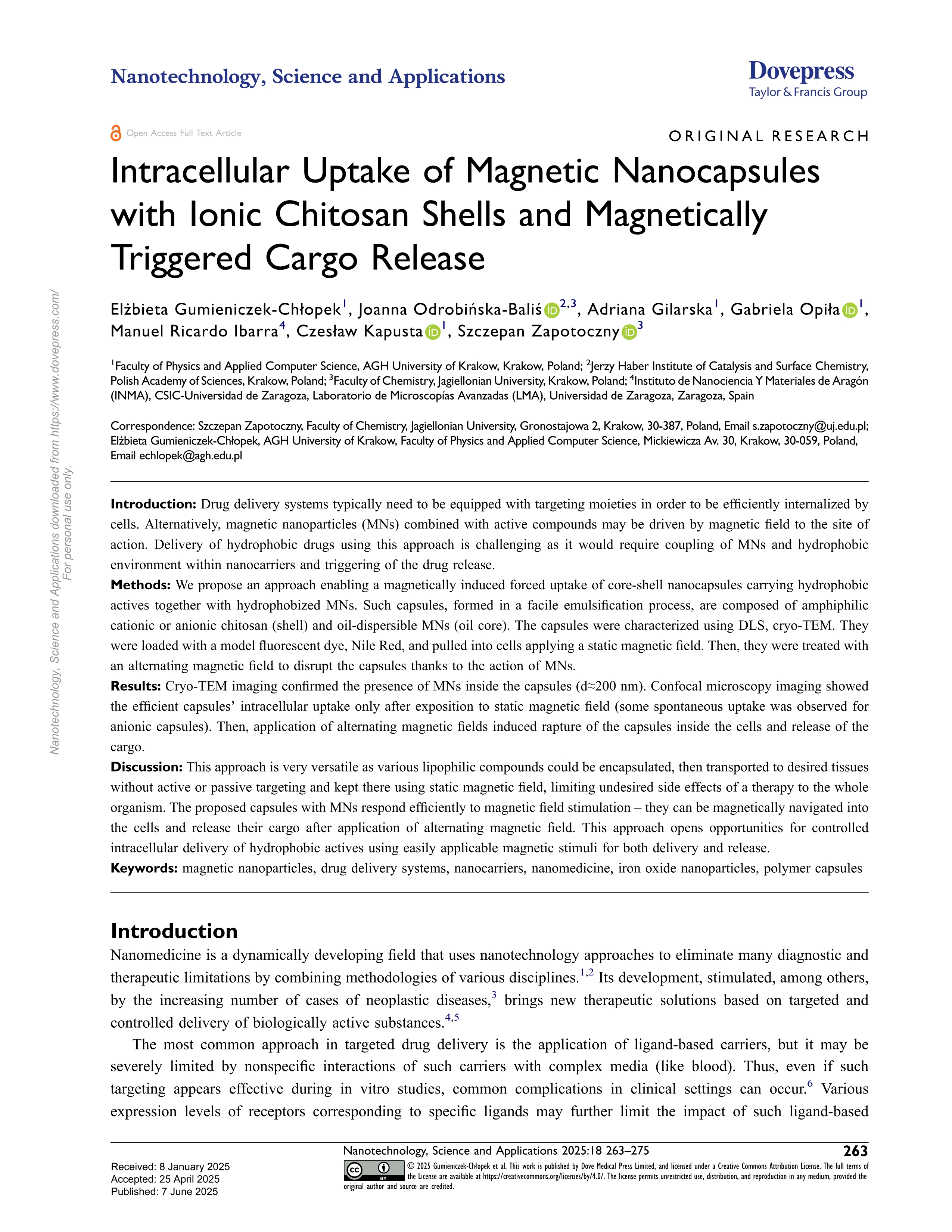 Intracellular Uptake of Magnetic Nanocapsules with Ionic Chitosan Shells and Magnetically Triggered Cargo Release