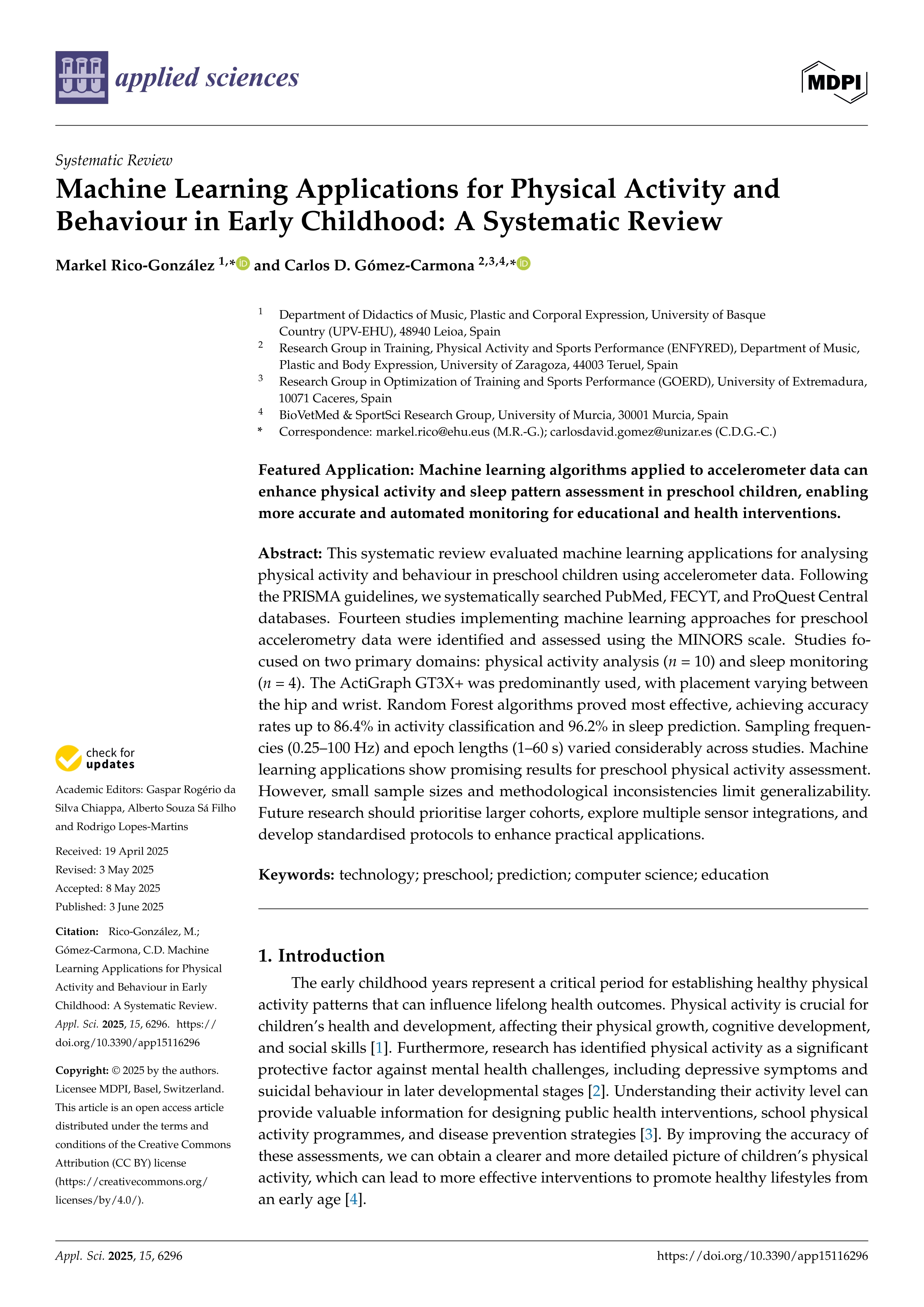 Machine Learning Applications for Physical Activity and Behaviour in Early Childhood: A Systematic Review