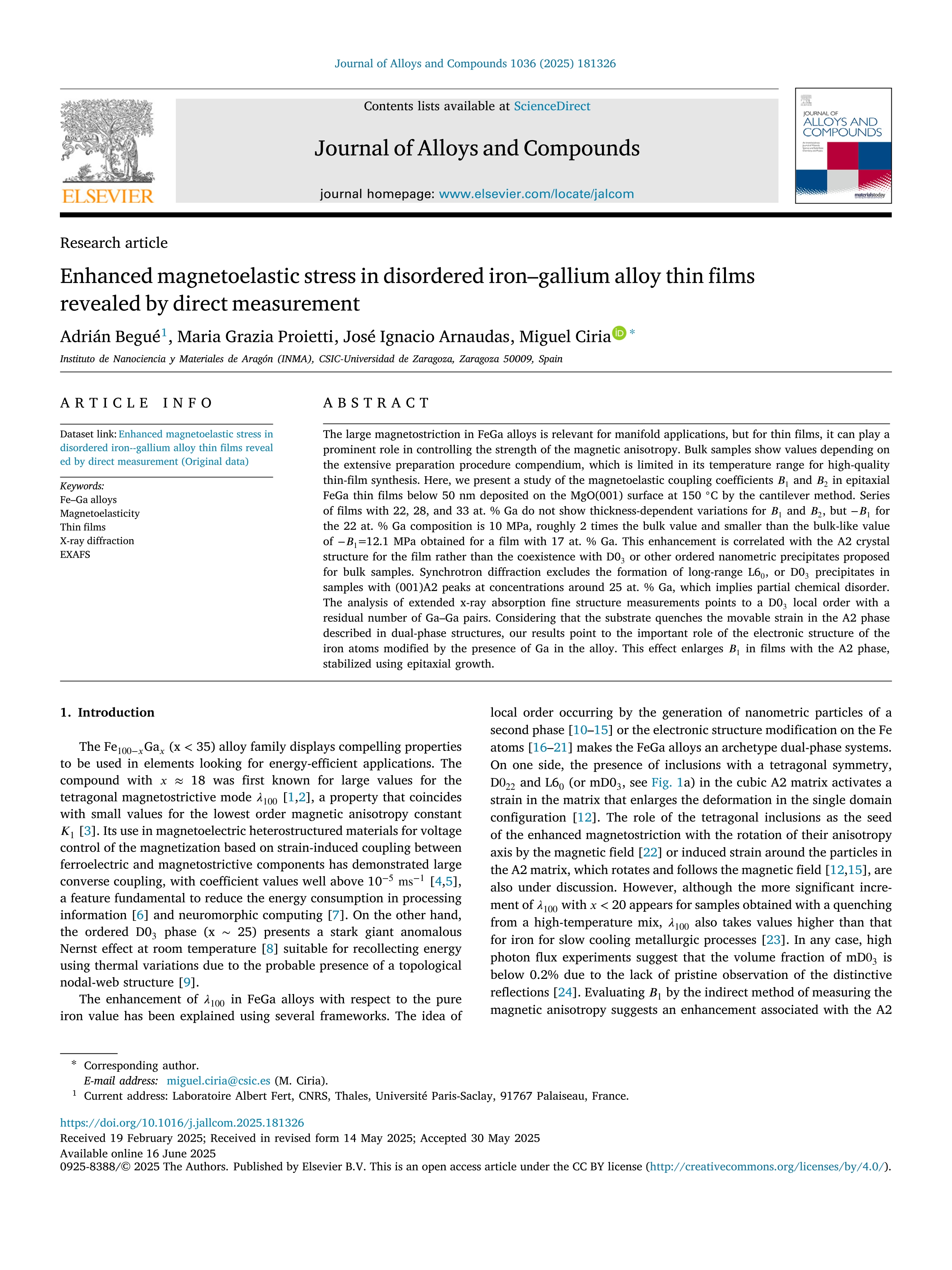 Enhanced magnetoelastic stress in disordered iron–gallium alloy thin films revealed by direct measurement