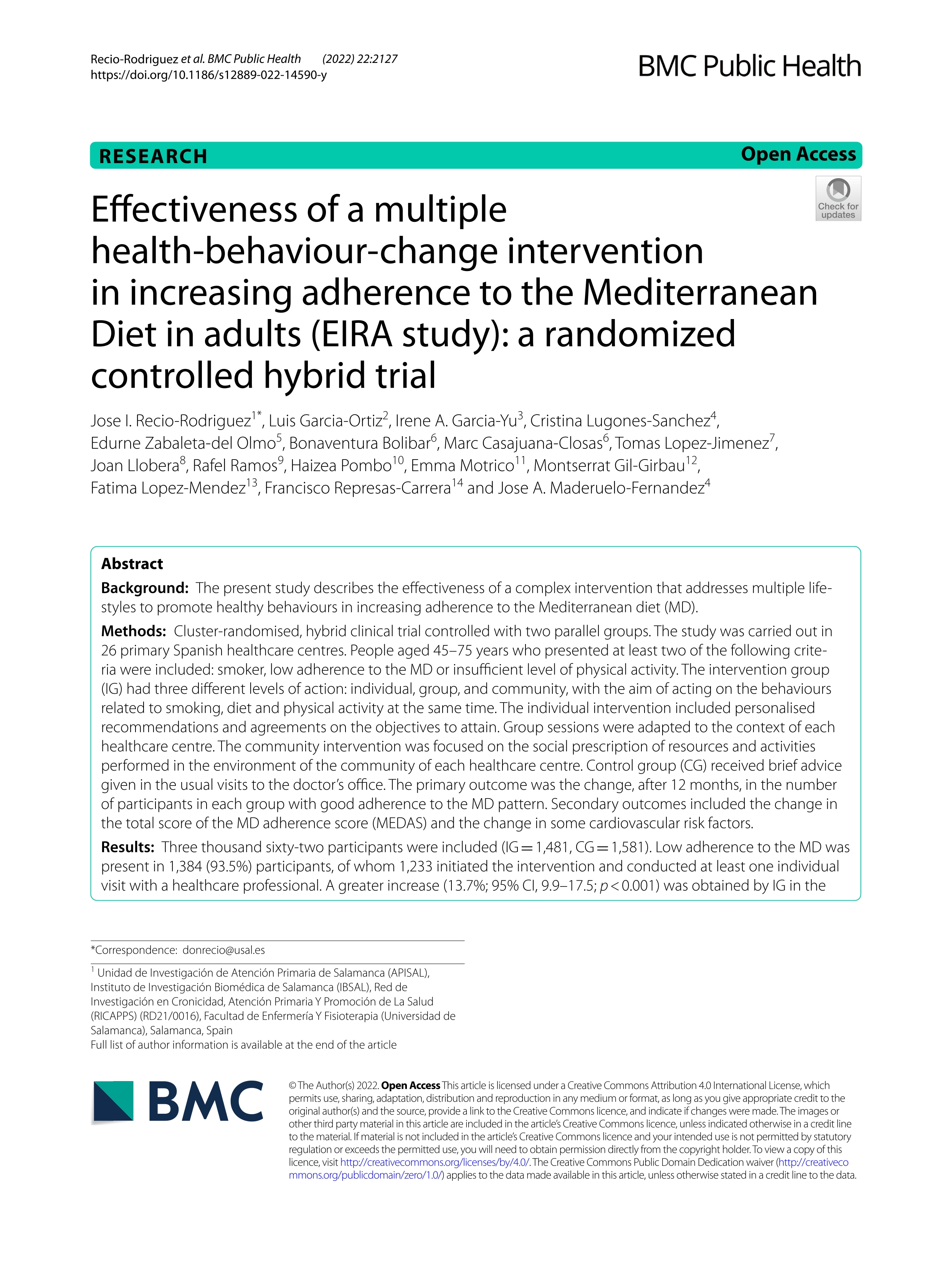 Effectiveness of a multiple health-behaviour-change intervention in increasing adherence to the Mediterranean Diet in adults (EIRA study): a randomized controlled hybrid trial
