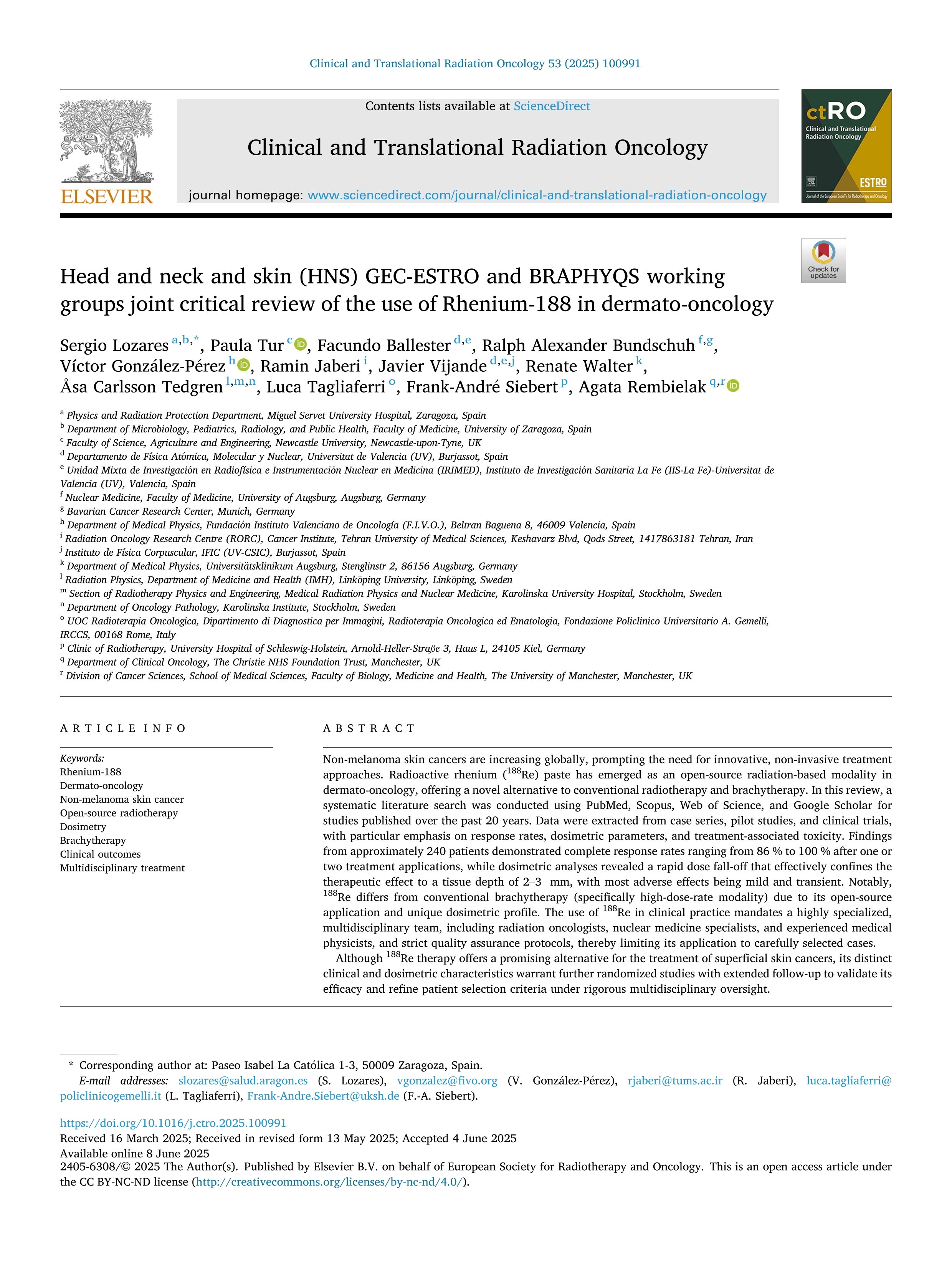 Head and neck and skin (HNS) GEC-ESTRO and BRAPHYQS working groups joint critical review of the use of Rhenium-188 in dermato-oncology