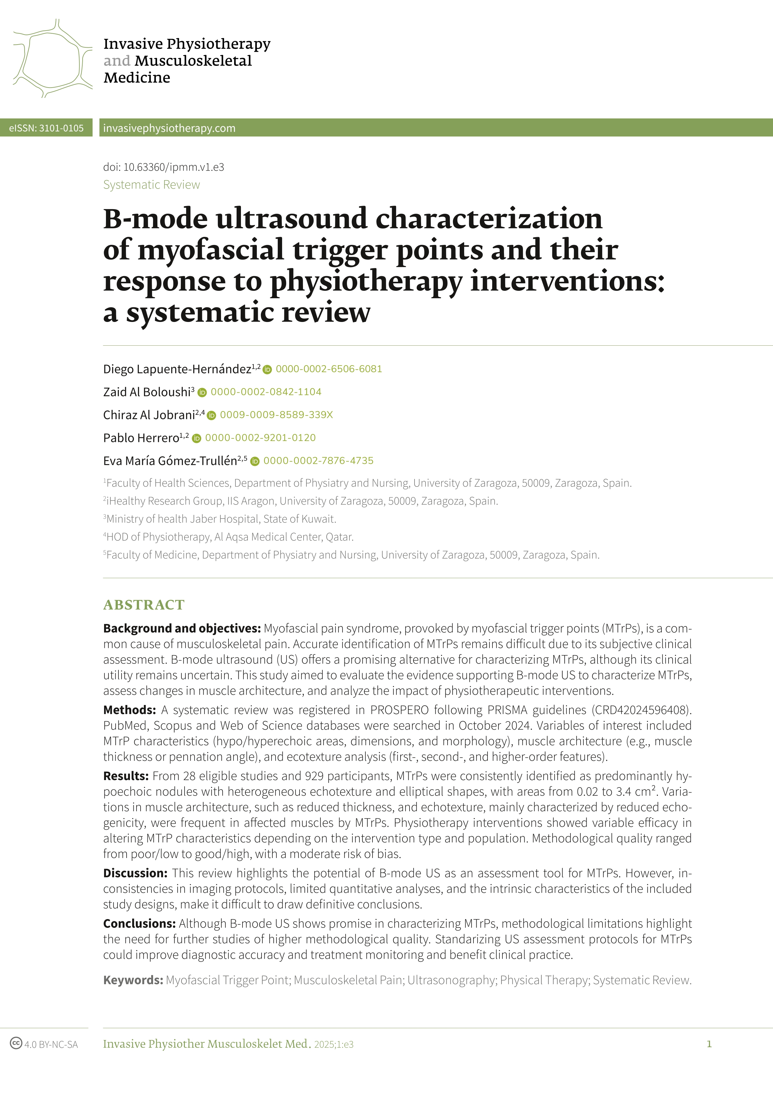 B-mode ultrasound characterization of myofascial trigger points and their response to physiotherapy interventions: a systematic review
