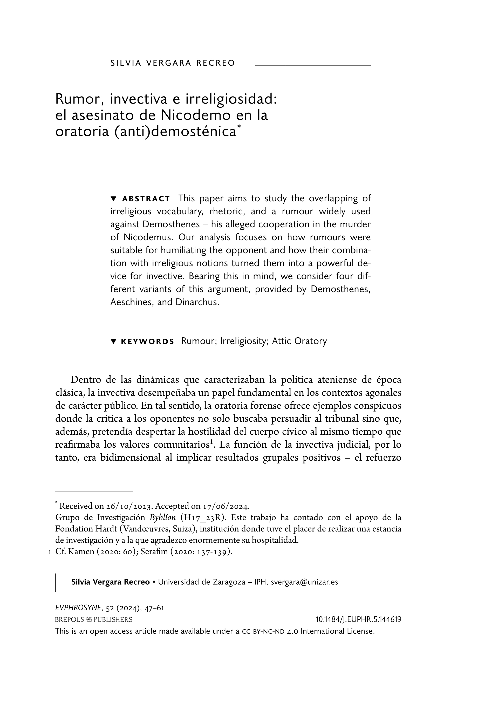 Rumor, invectiva e irreligiosidad: el asesinato de Nicodemo en la oratoria (anti)demosténica