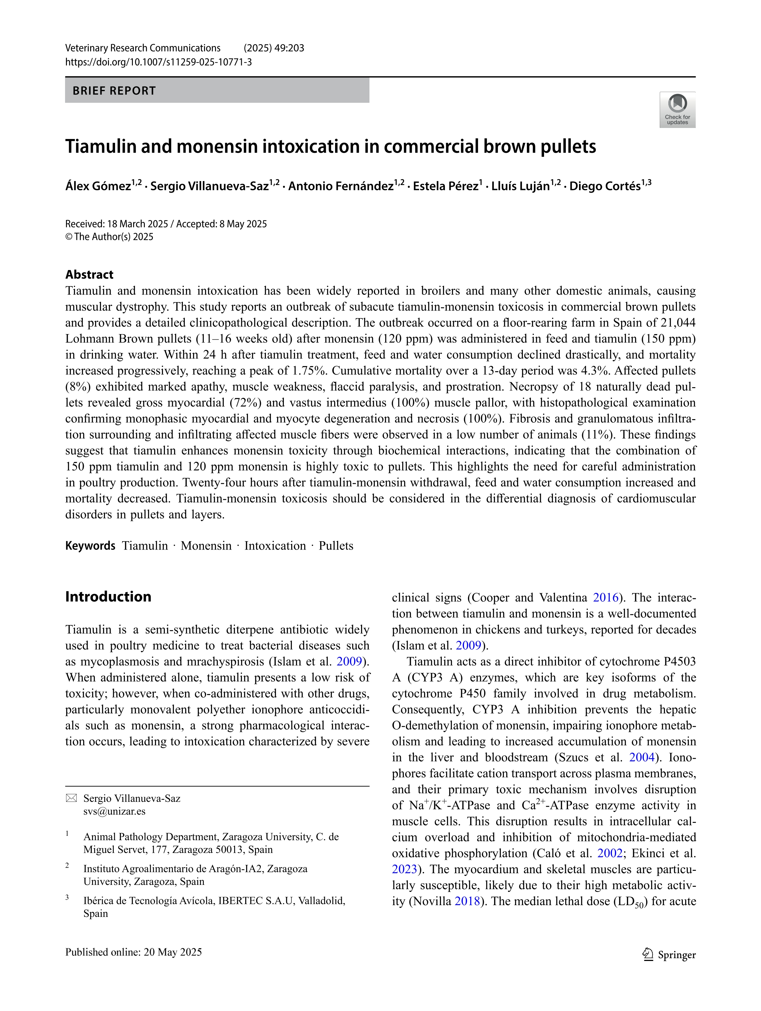 Tiamulin and monensin intoxication in commercial brown pullets