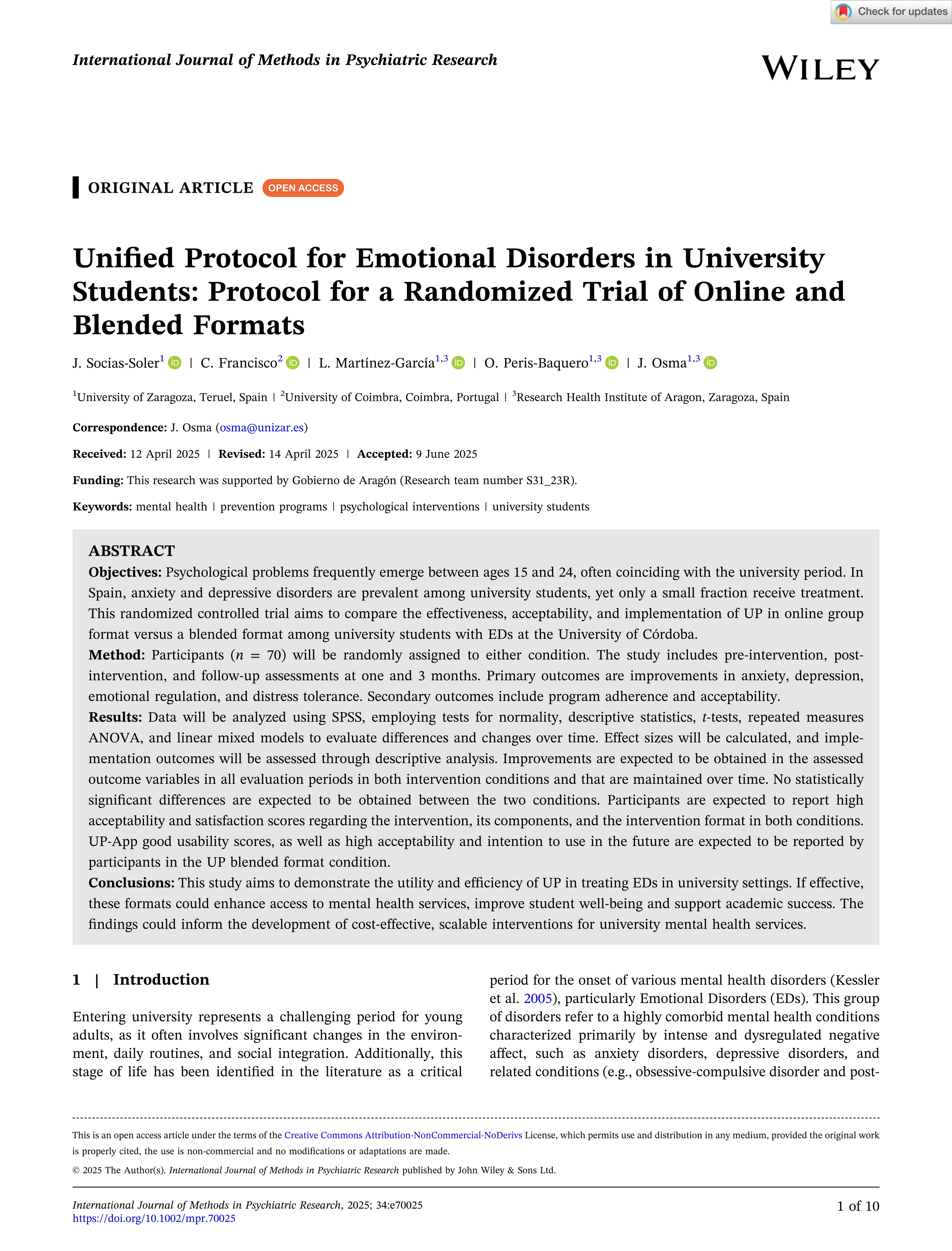 Unified protocol for emotional disorders in university students: protocol for a randomized trial of online and blended formats