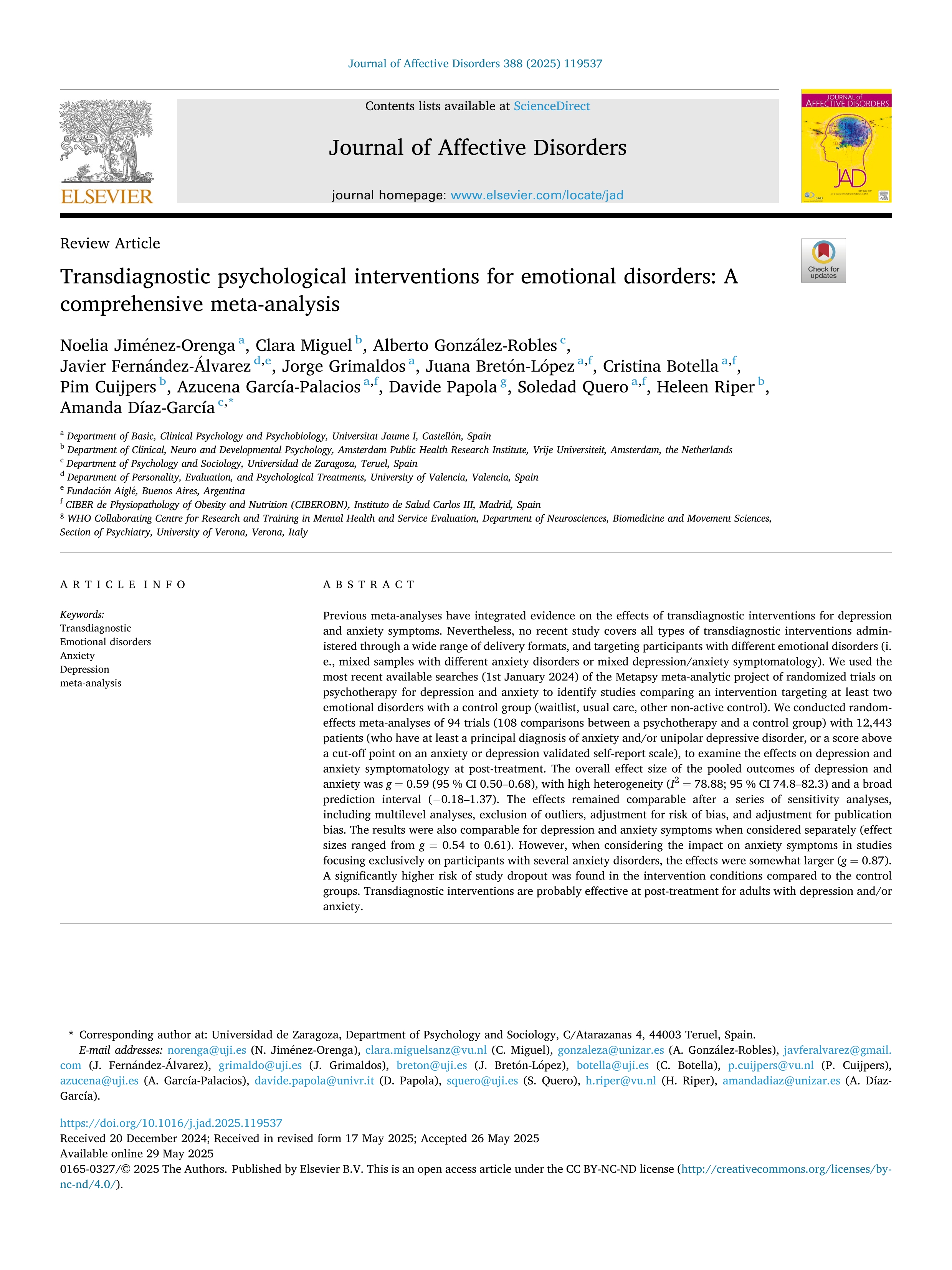 Transdiagnostic psychological interventions for emotional disorders: A comprehensive meta-analysis