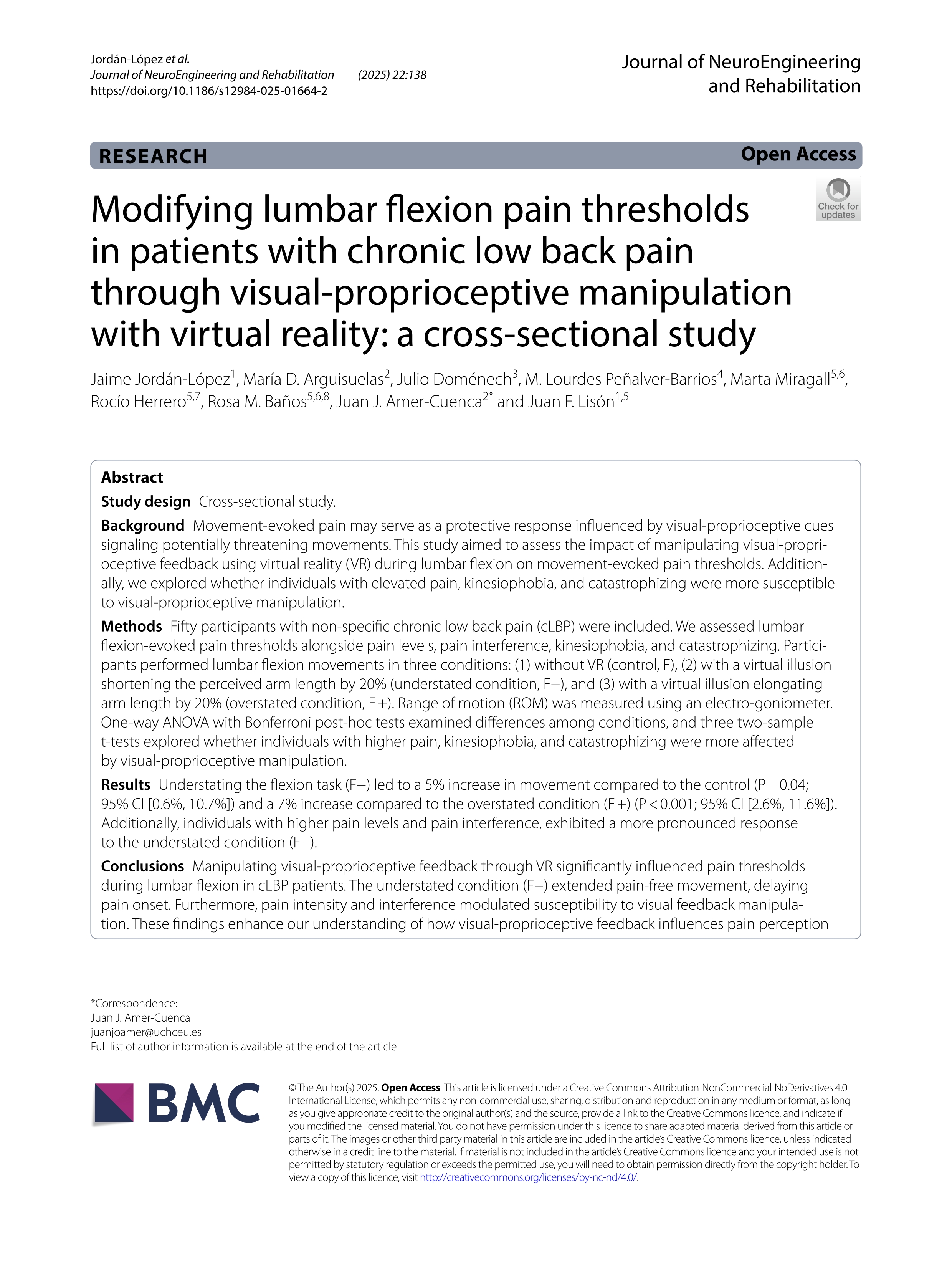 Modifying lumbar flexion pain thresholds in patients with chronic low back pain through visual-proprioceptive manipulation with virtual reality: a cross-sectional study