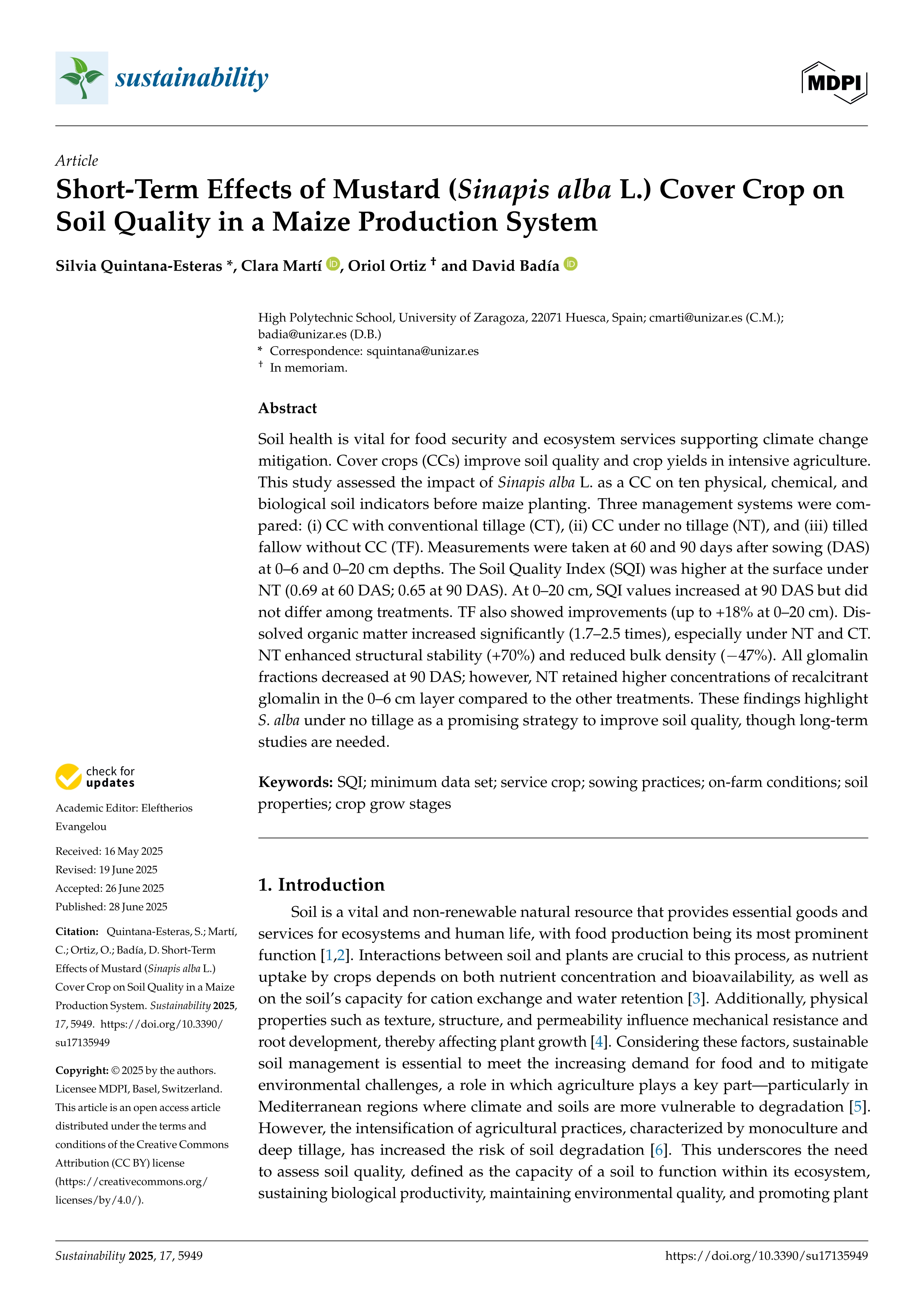 Short-Term Effects of Mustard (Sinapis alba L.) Cover Crop on Soil Quality in a Maize Production System
