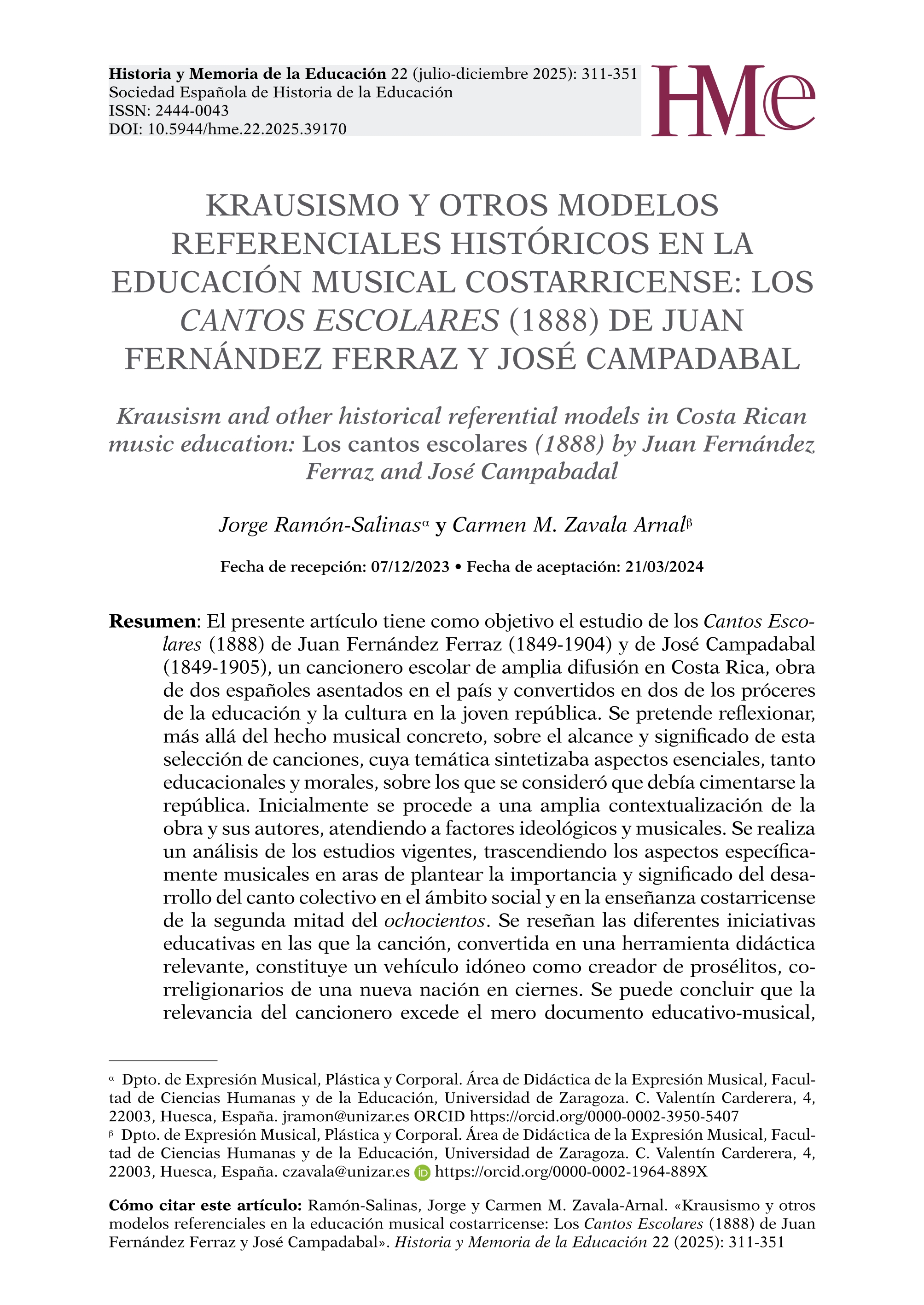Krausismo y otros modelos referenciales históricos en la educación musical costarricense: Los Cantos Escolares (1888) de Juan Fernández Ferraz y José Campabadal