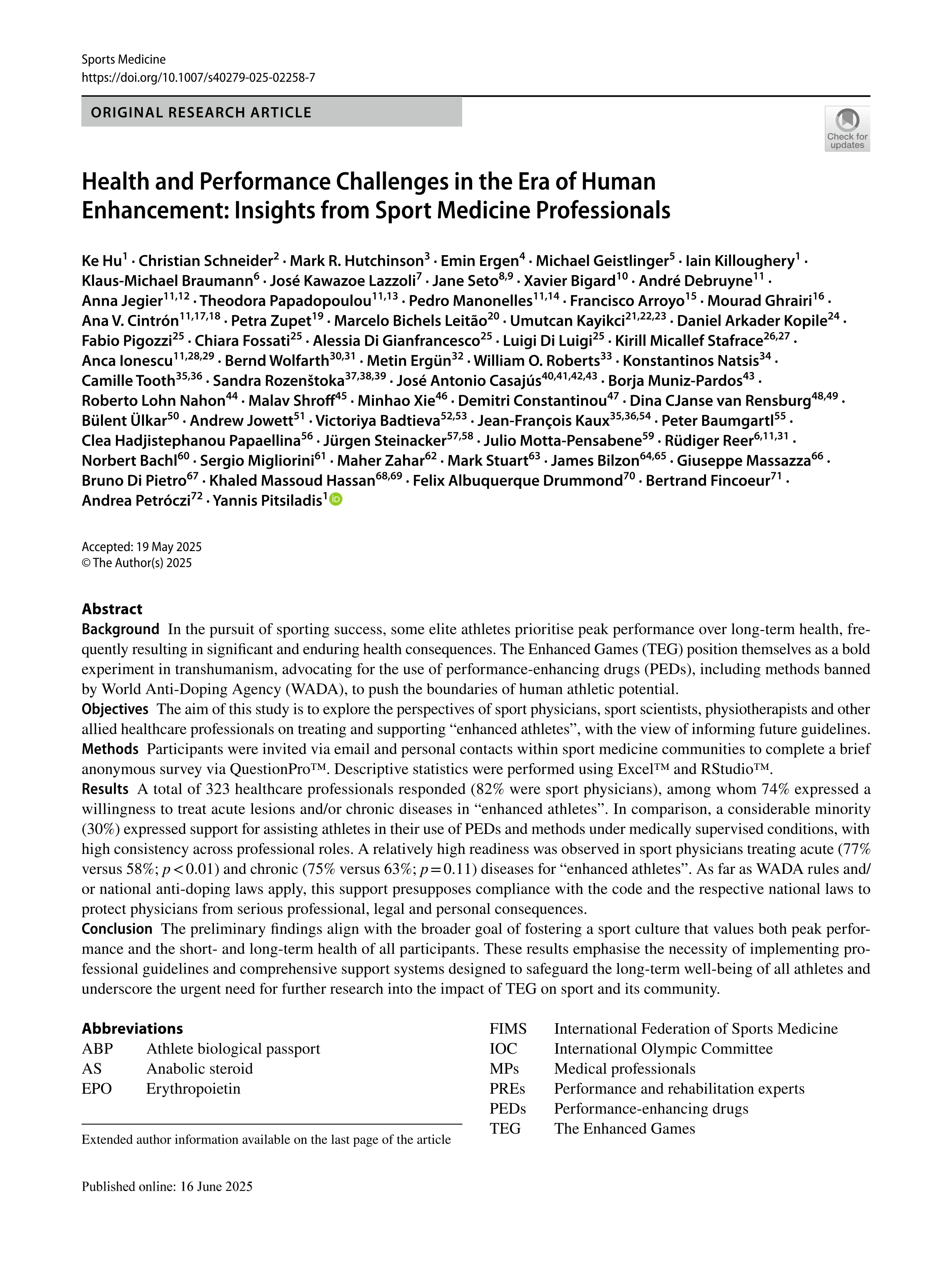 Health and performance challenges in the era of human enhancement: Insights from sport medicine professionals