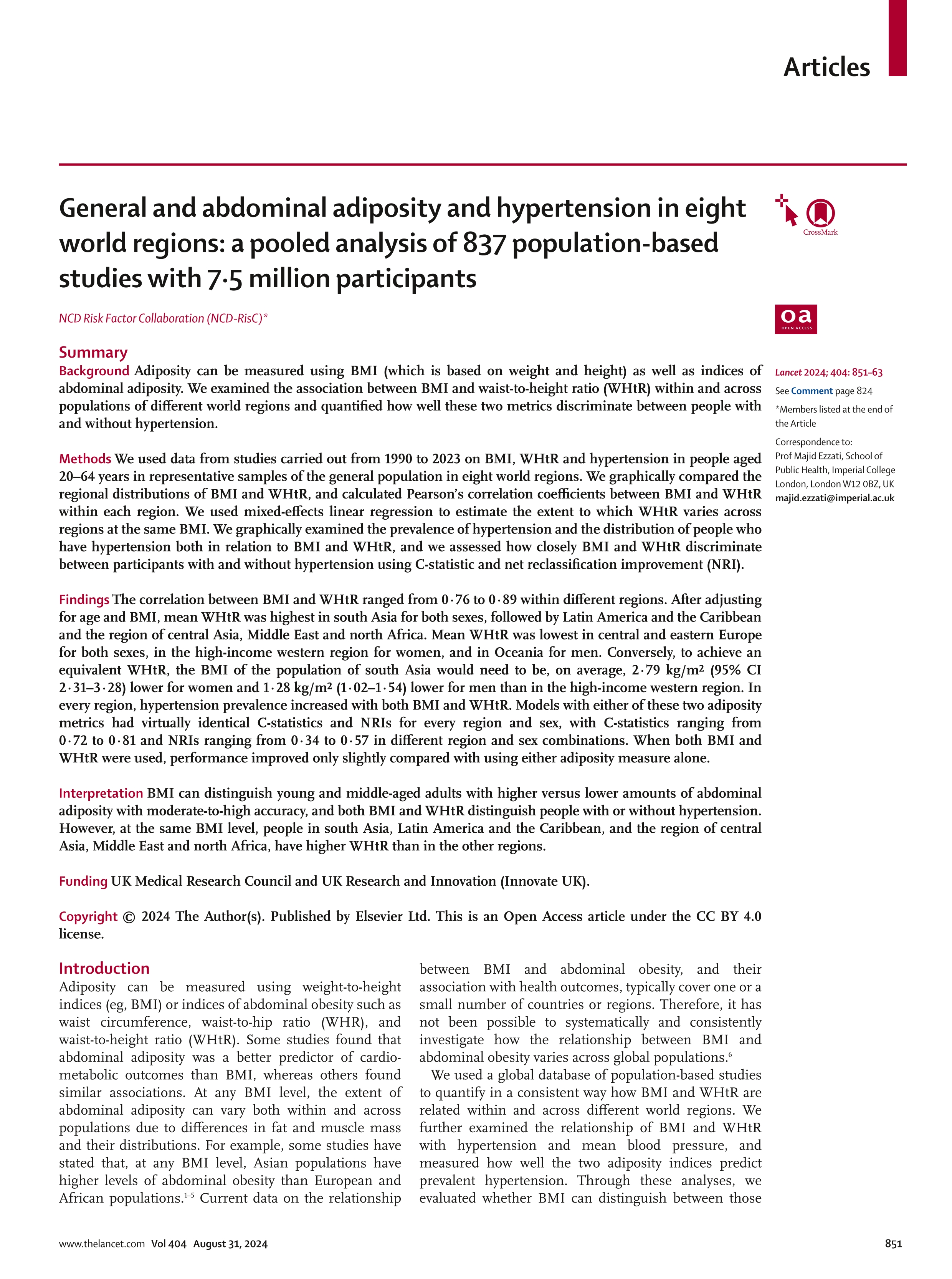 General and abdominal adiposity and hypertension in eight world regions: a pooled analysis of 837 population-based studies with 7·5 million participants