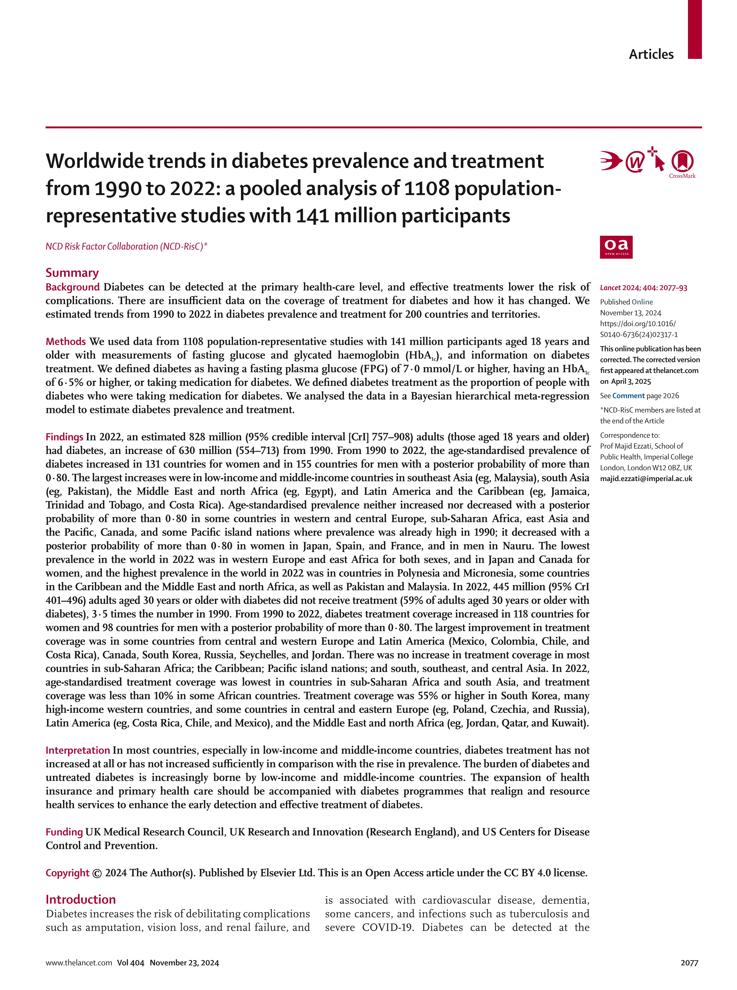 Worldwide trends in diabetes prevalence and treatment from 1990 to 2022: a pooled analysis of 1108 population-representative studies with 141 million participants