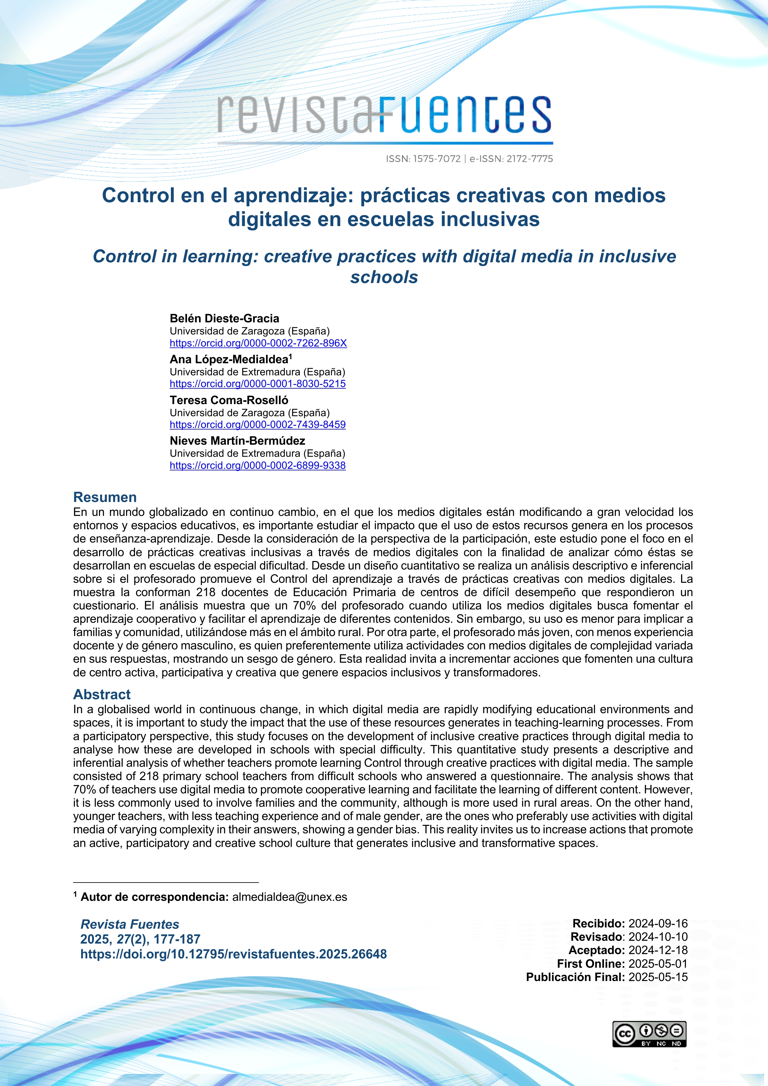 Control en el aprendizaje: prácticas creativas con medios digitales en escuelas inclusivas.