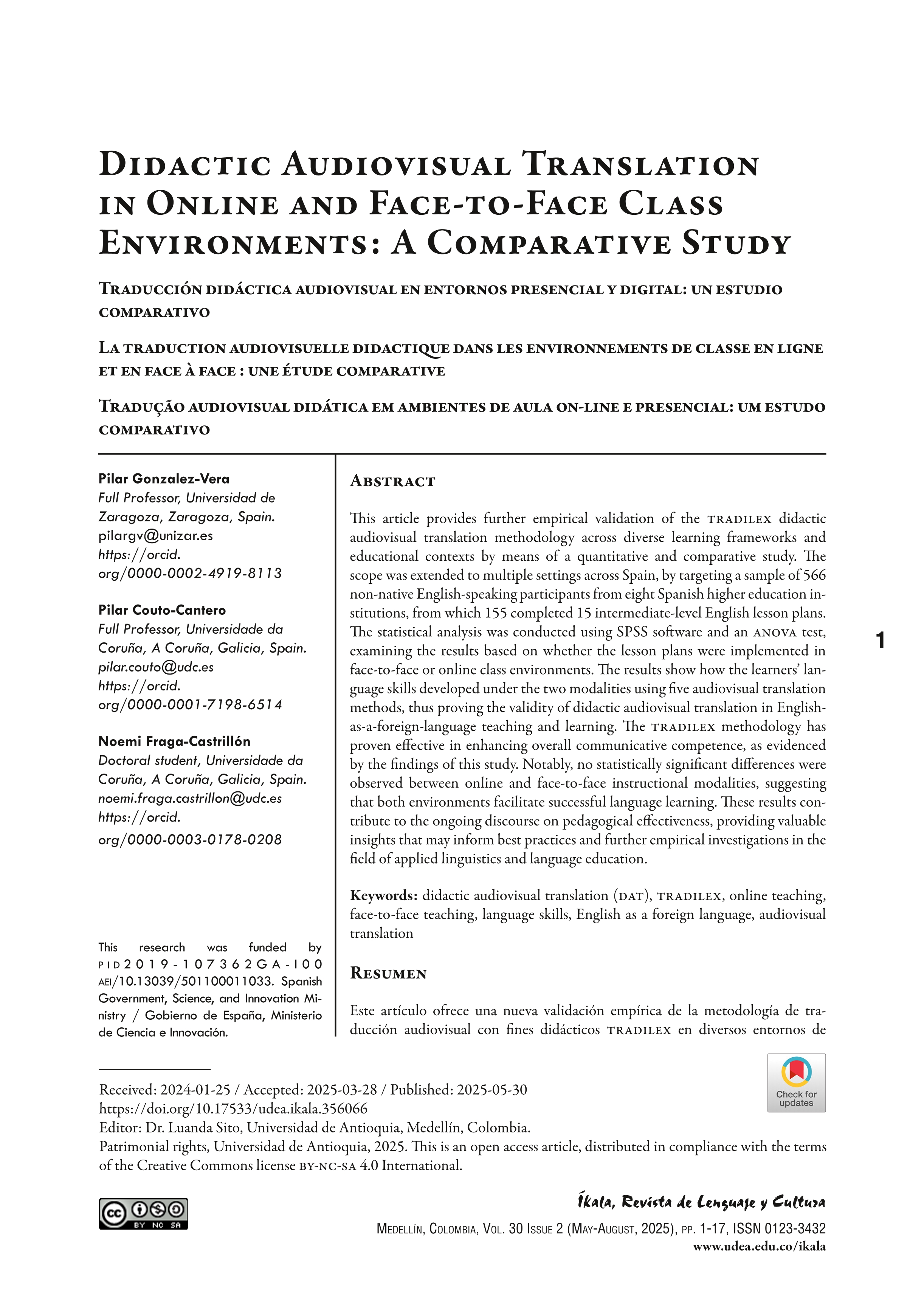 Didactic Audiovisual Translation in Online and Face-to-face Class Environments. A Comparative Study