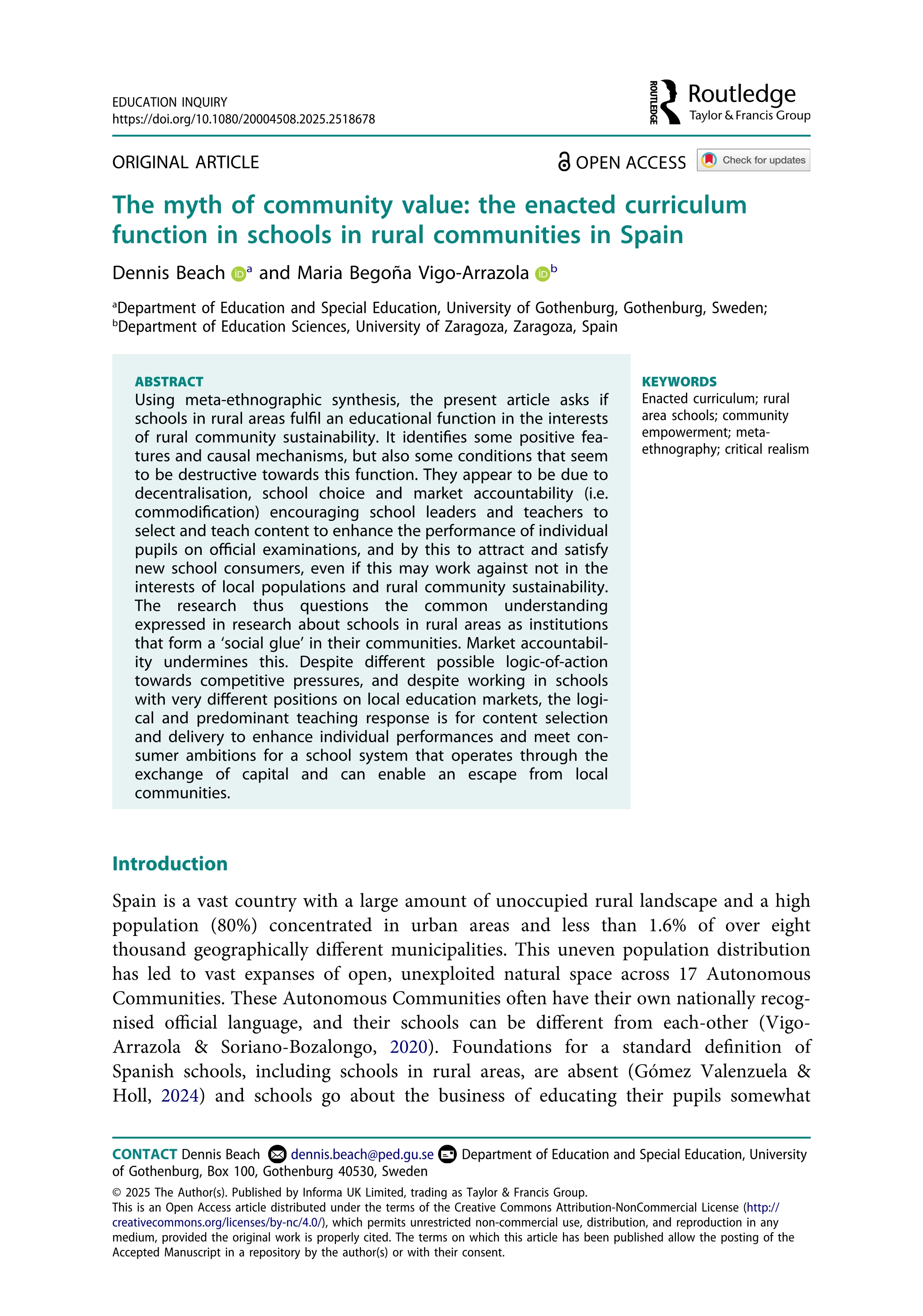 The myth of community value: the enacted curriculum function in schools in rural communities in Spain
