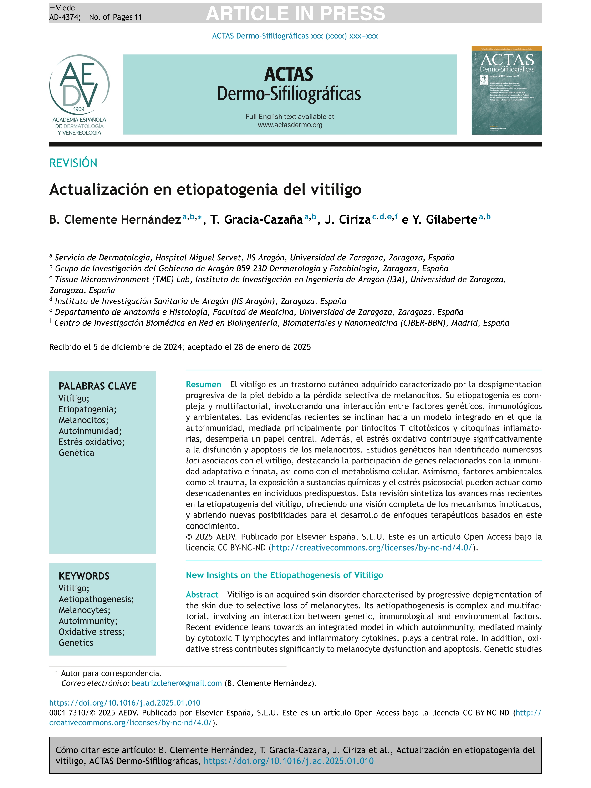 Actualización en etiopatogenia del vitíligo