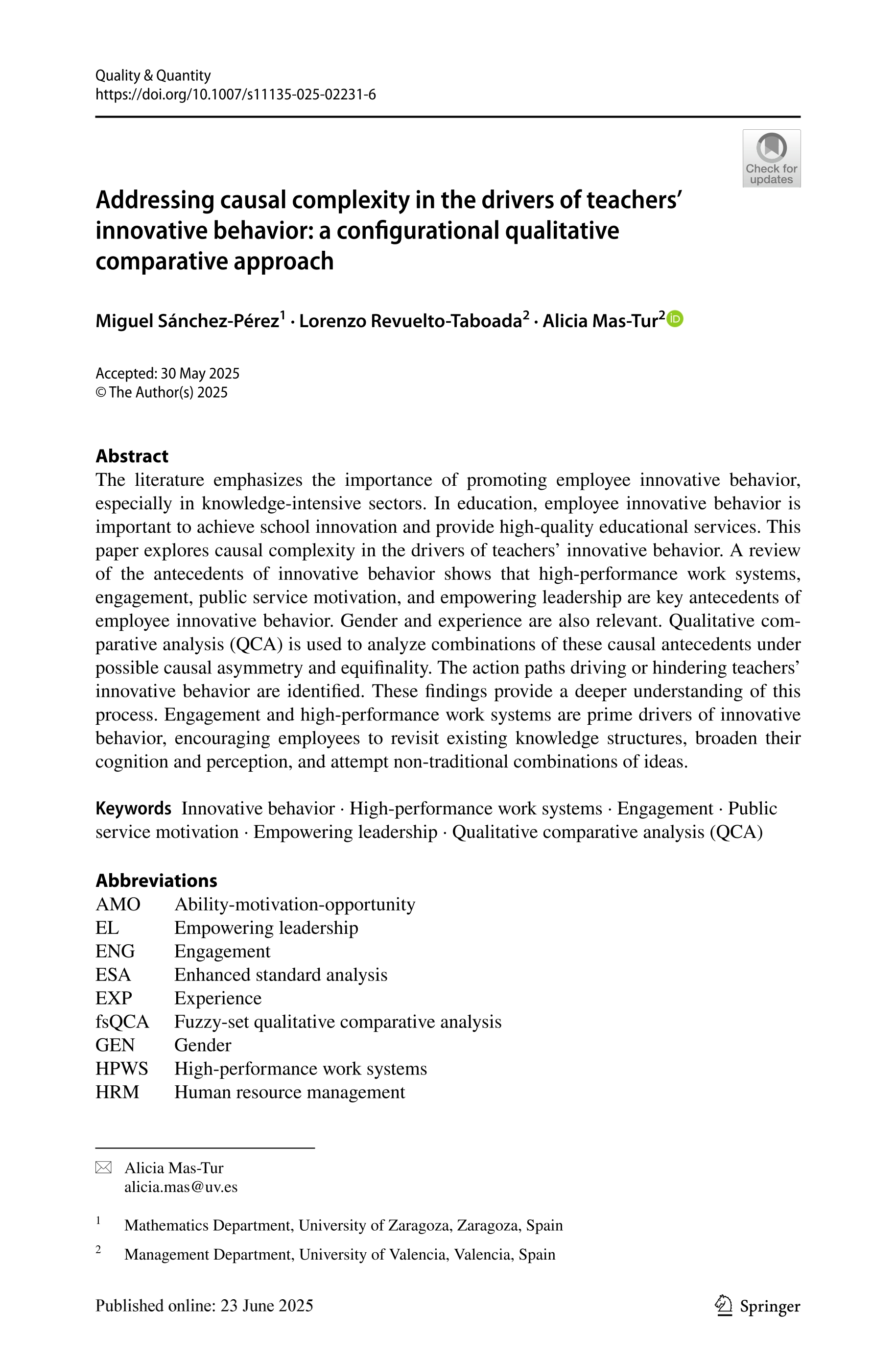 Addressing causal complexity in the drivers of teachers’ innovative behavior: a configurational qualitative comparative approach