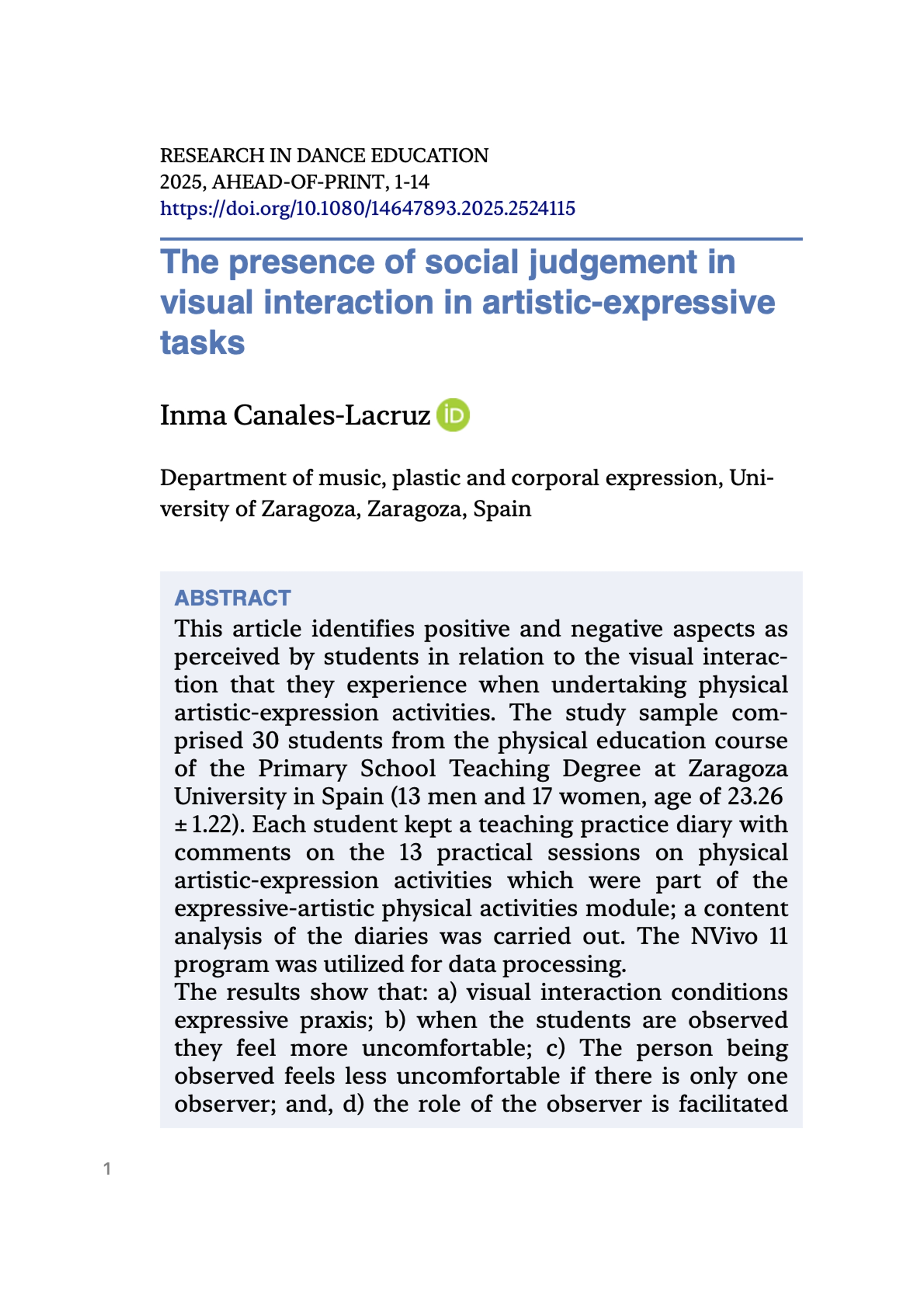 The presence of social judgement in visual interaction in artistic-expressive tasks