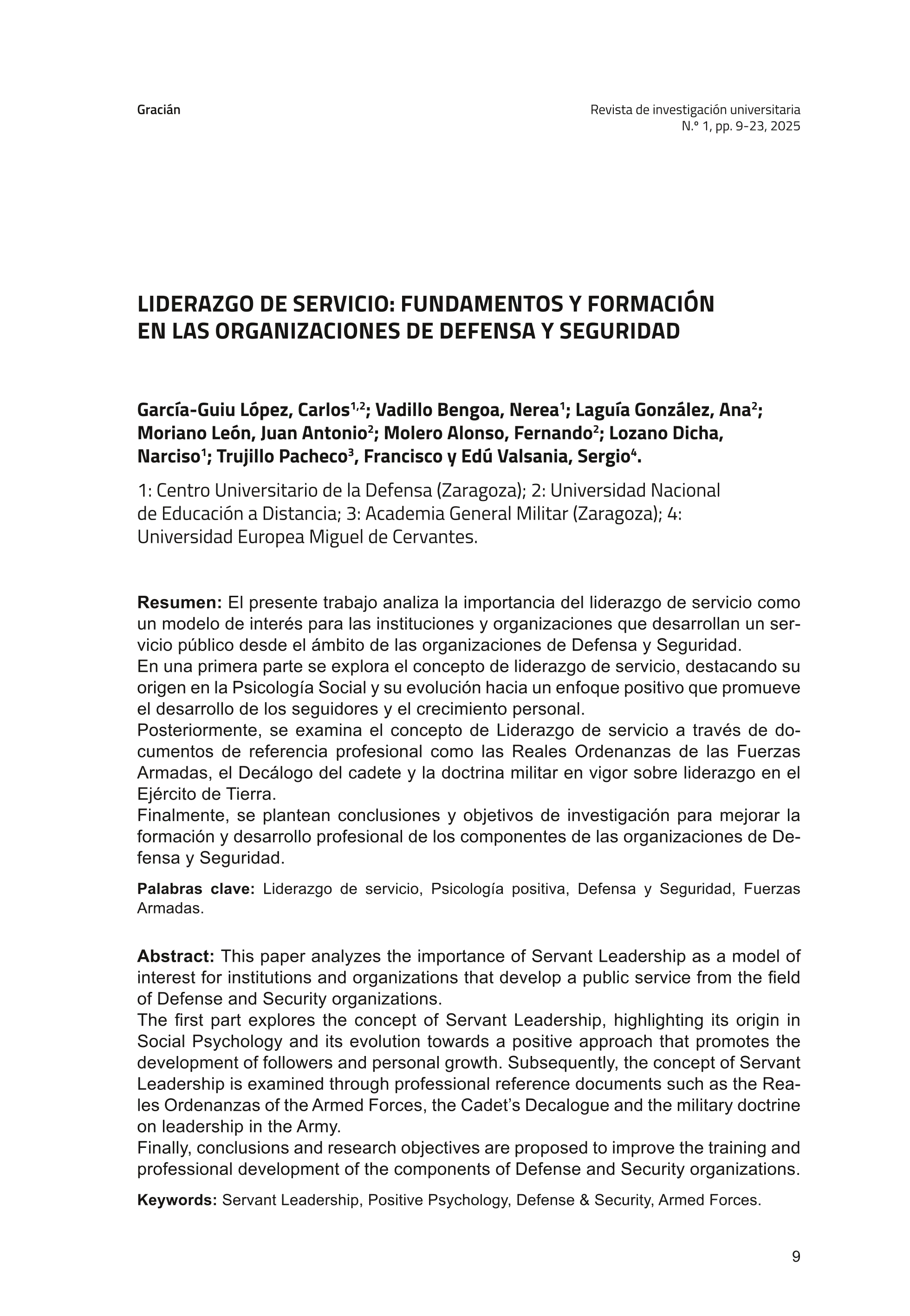 Liderazgo de servicio: fundamentos y formación en las organizaciones de Defensa y Seguridad.