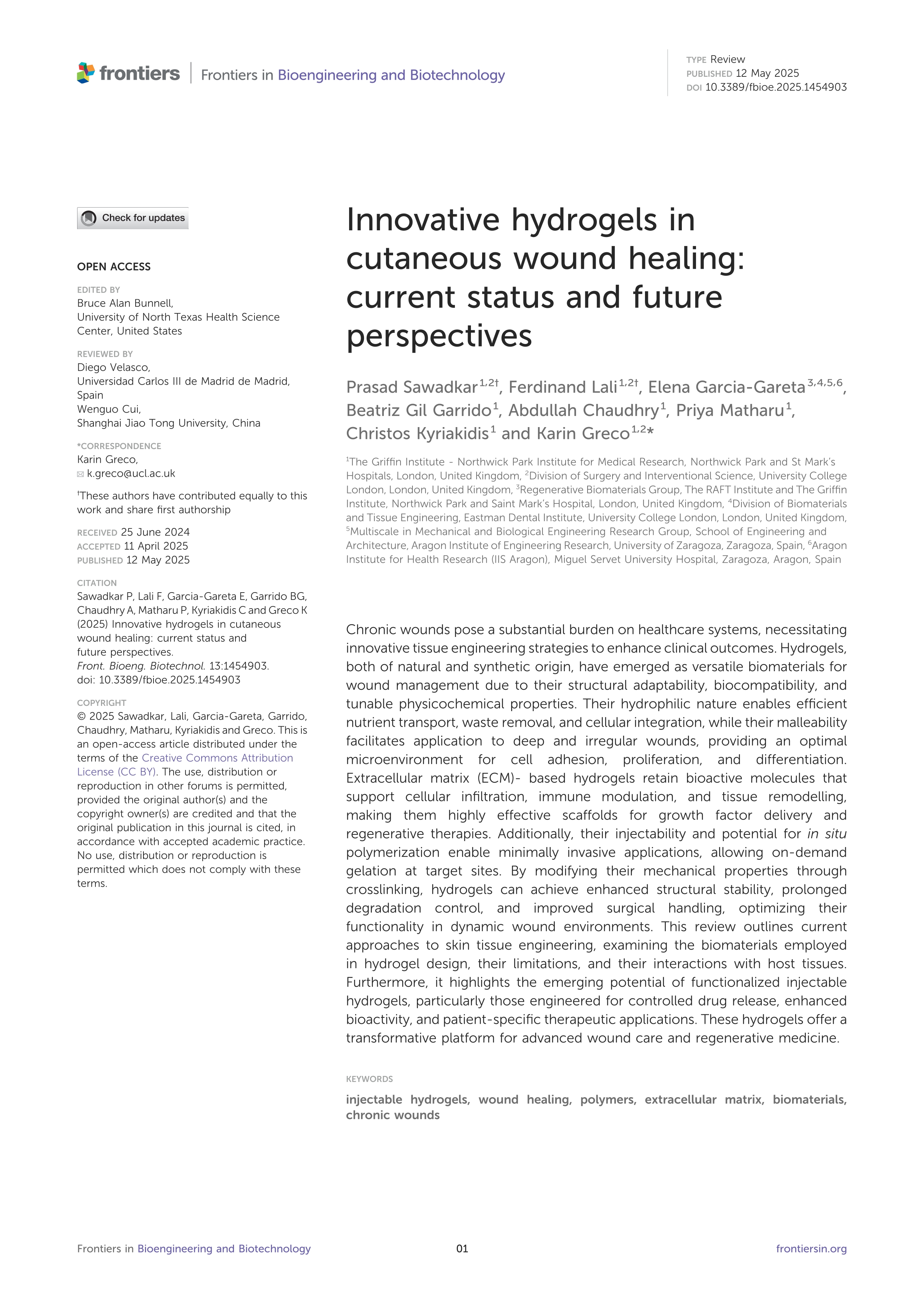 Innovative hydrogels in cutaneous wound healing: current status and future perspectives