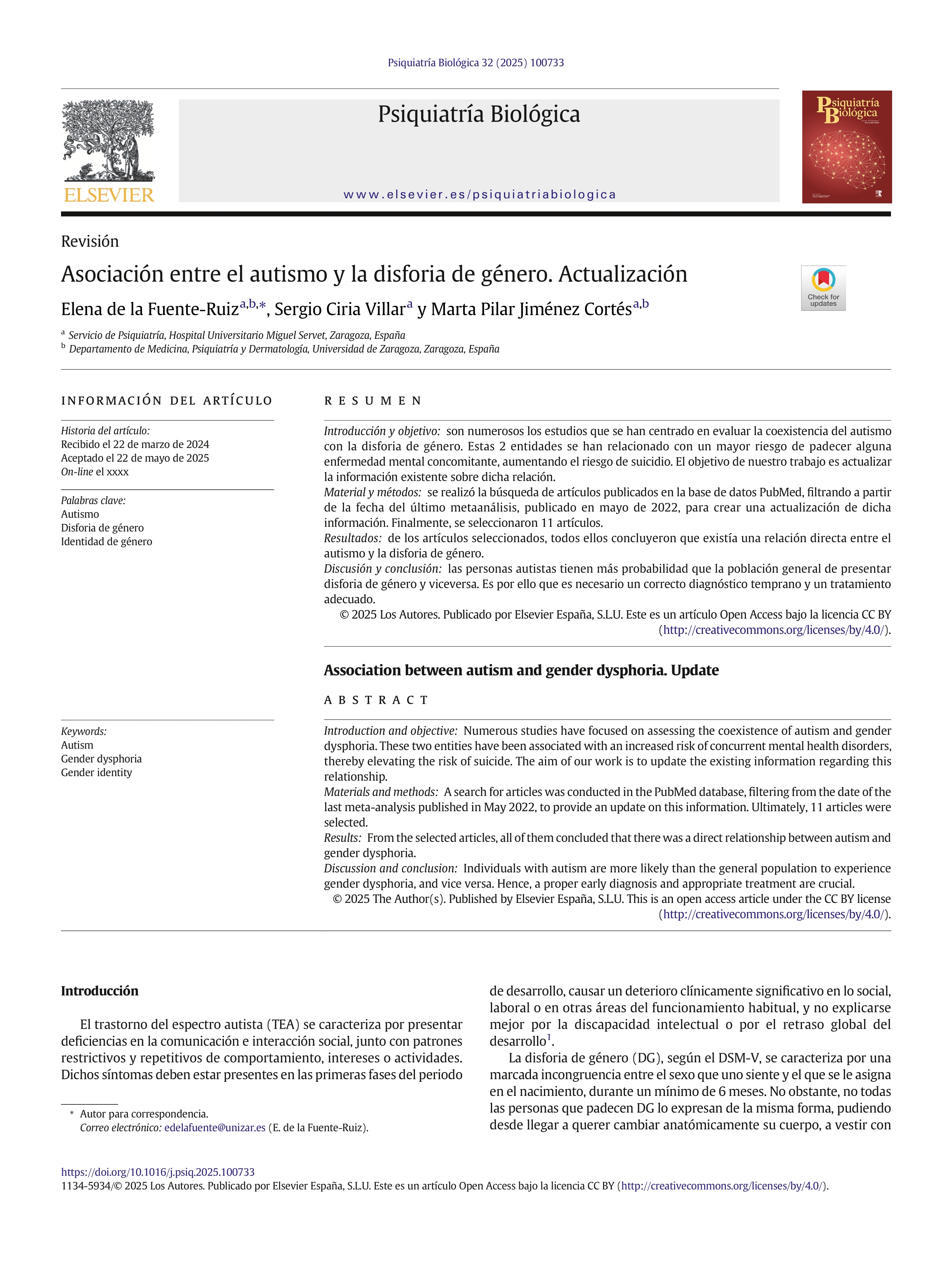 Asociación entre el autismo y la disforia de género. Actualización