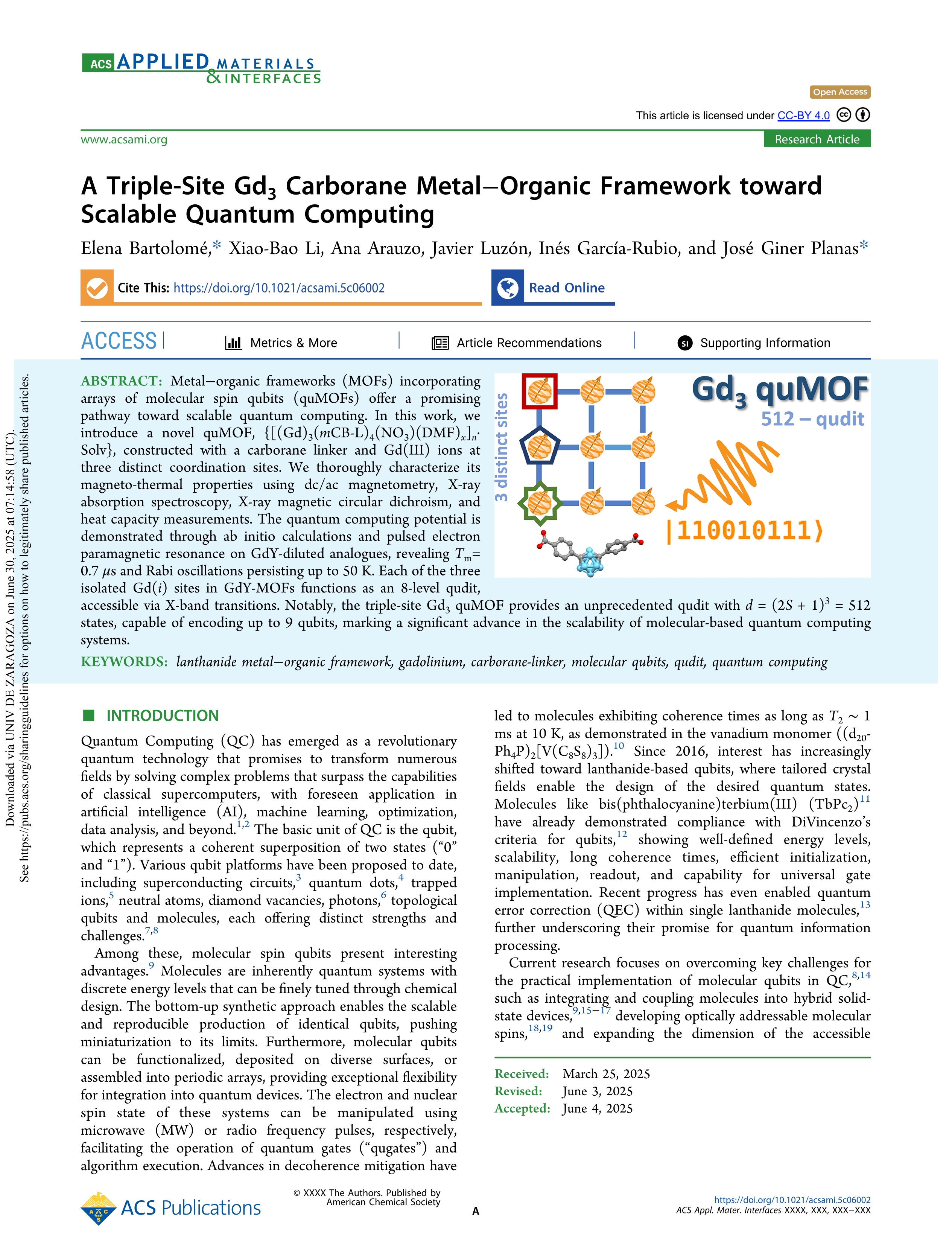 A Triple-Site Gd3 Carborane Metal–Organic Framework toward Scalable Quantum Computing