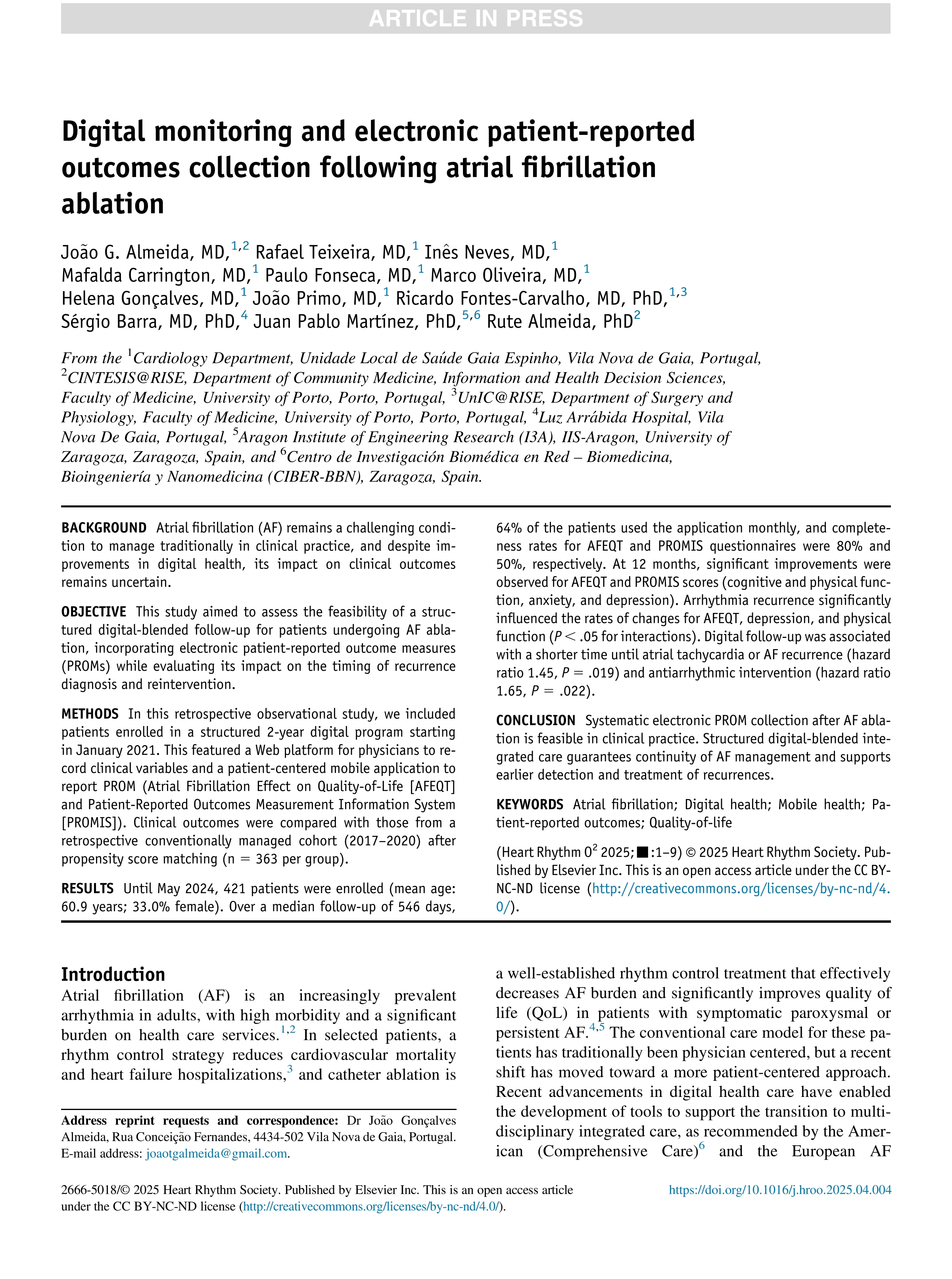 Digital monitoring and electronic patient-reported outcomes collection following atrial fibrillation ablation