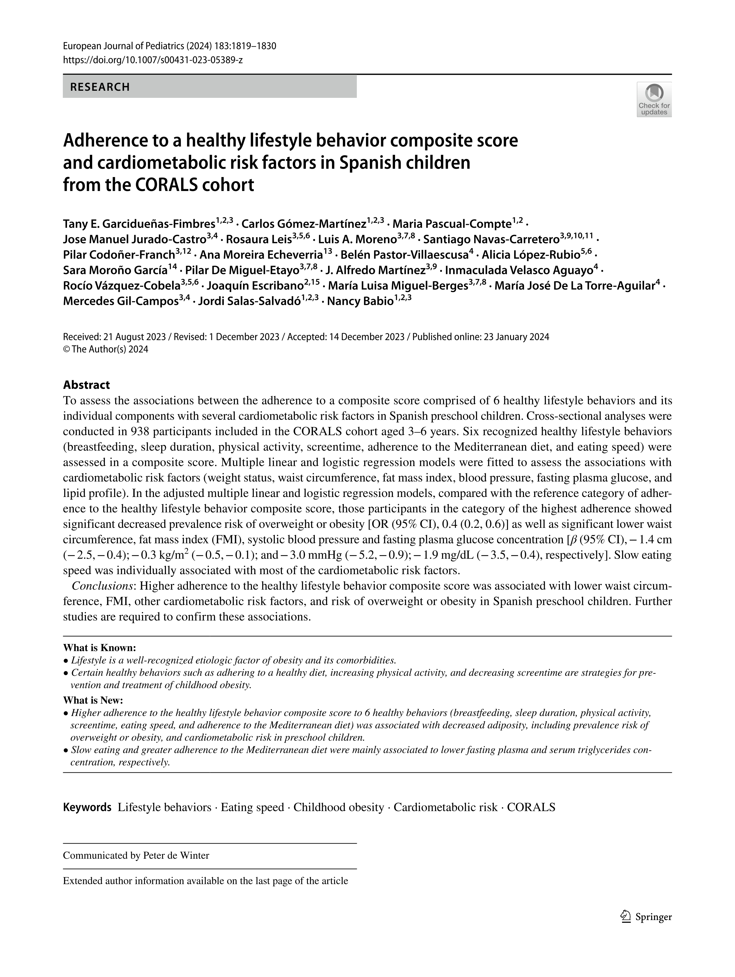 Adherence to a healthy lifestyle behavior composite score and cardiometabolic risk factors in Spanish children from the CORALS cohort