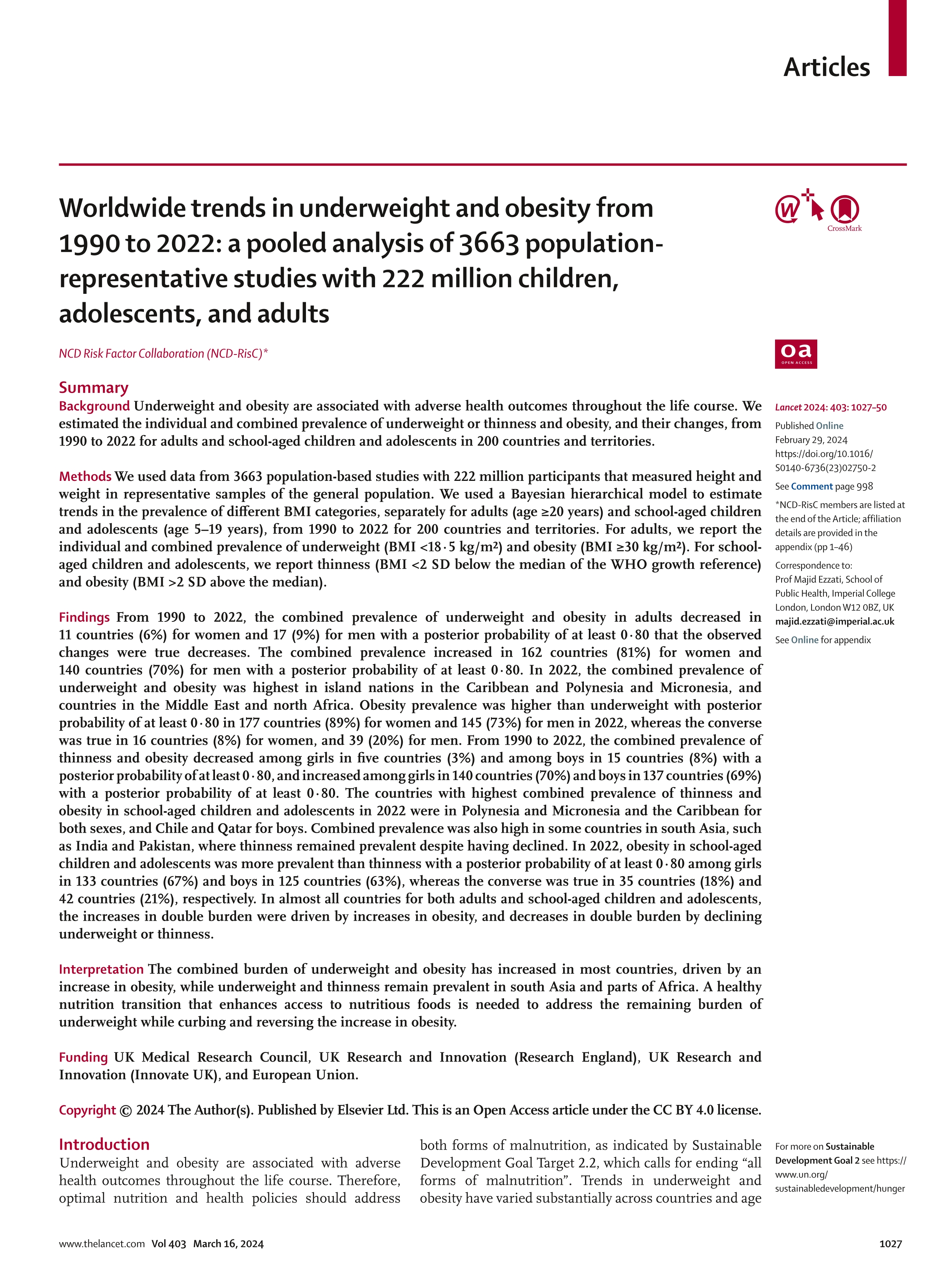 Worldwide trends in underweight and obesity from 1990 to 2022: a pooled analysis of 3663 population-representative studies with 222 million children, adolescents, and adults