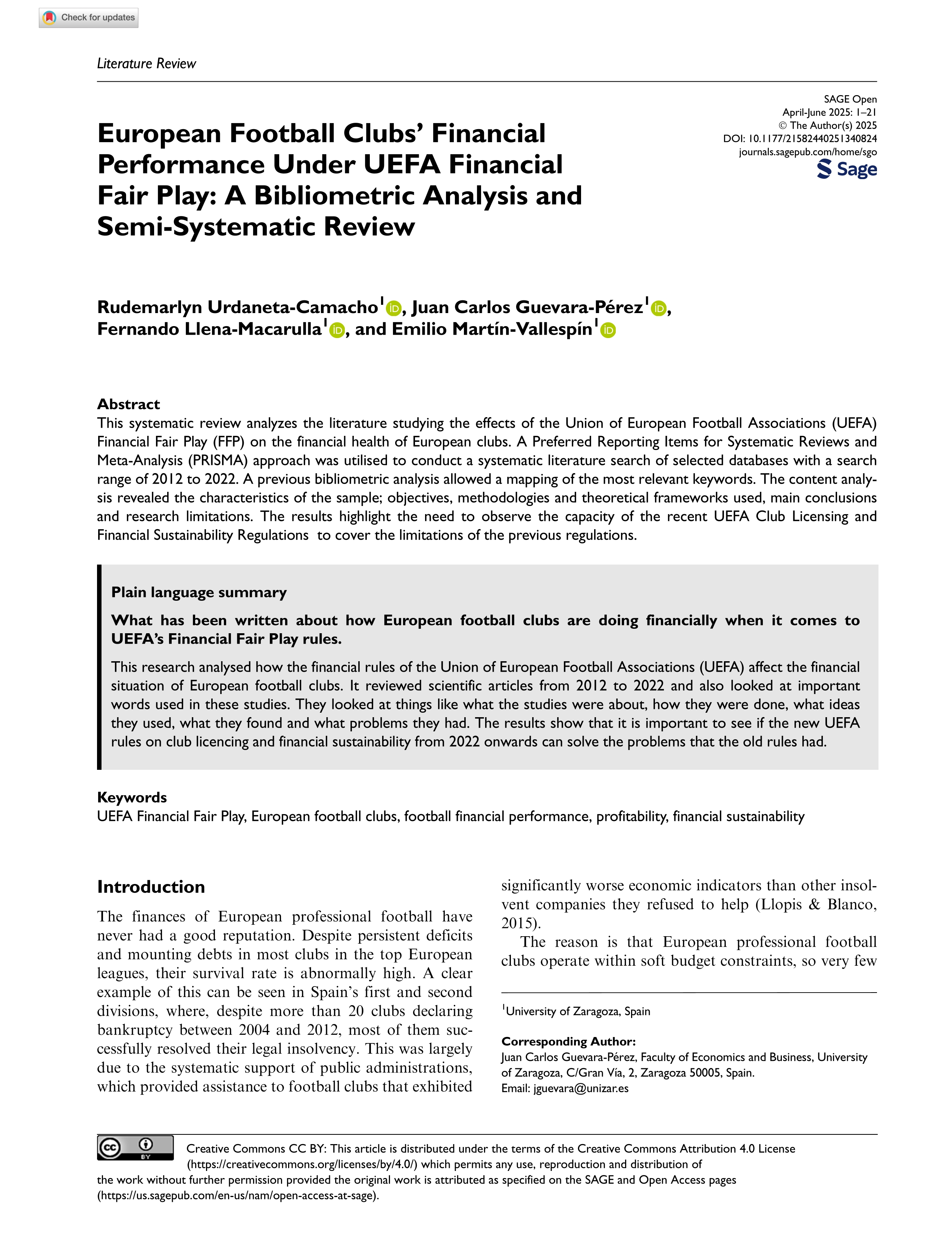 European Football Clubs' Financial Performance Under UEFA Financial Fair Play: A Bibliometric Analysis and Semi-Systematic Review
