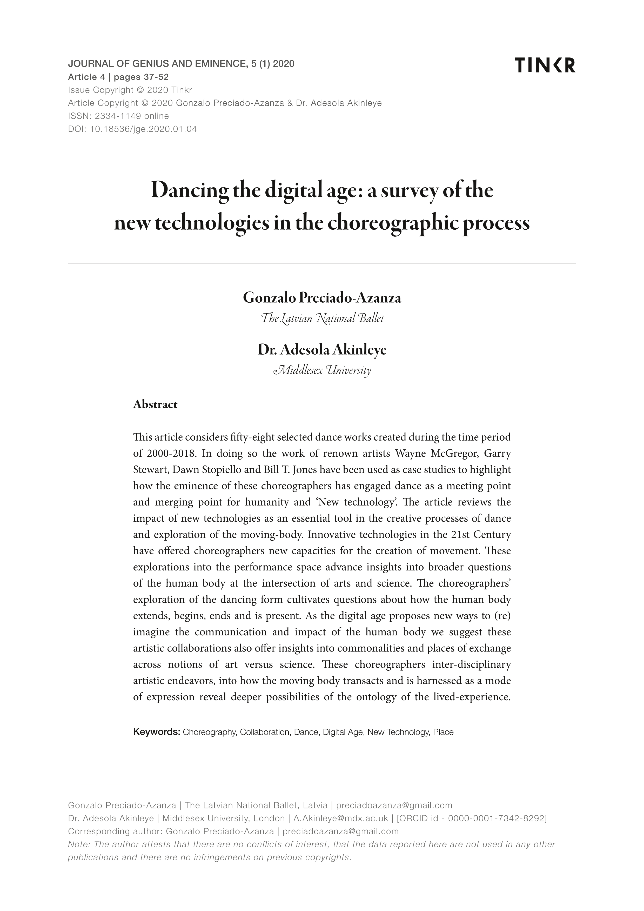 Dancing the digital age: a survey of the new technologies in the choreographic process