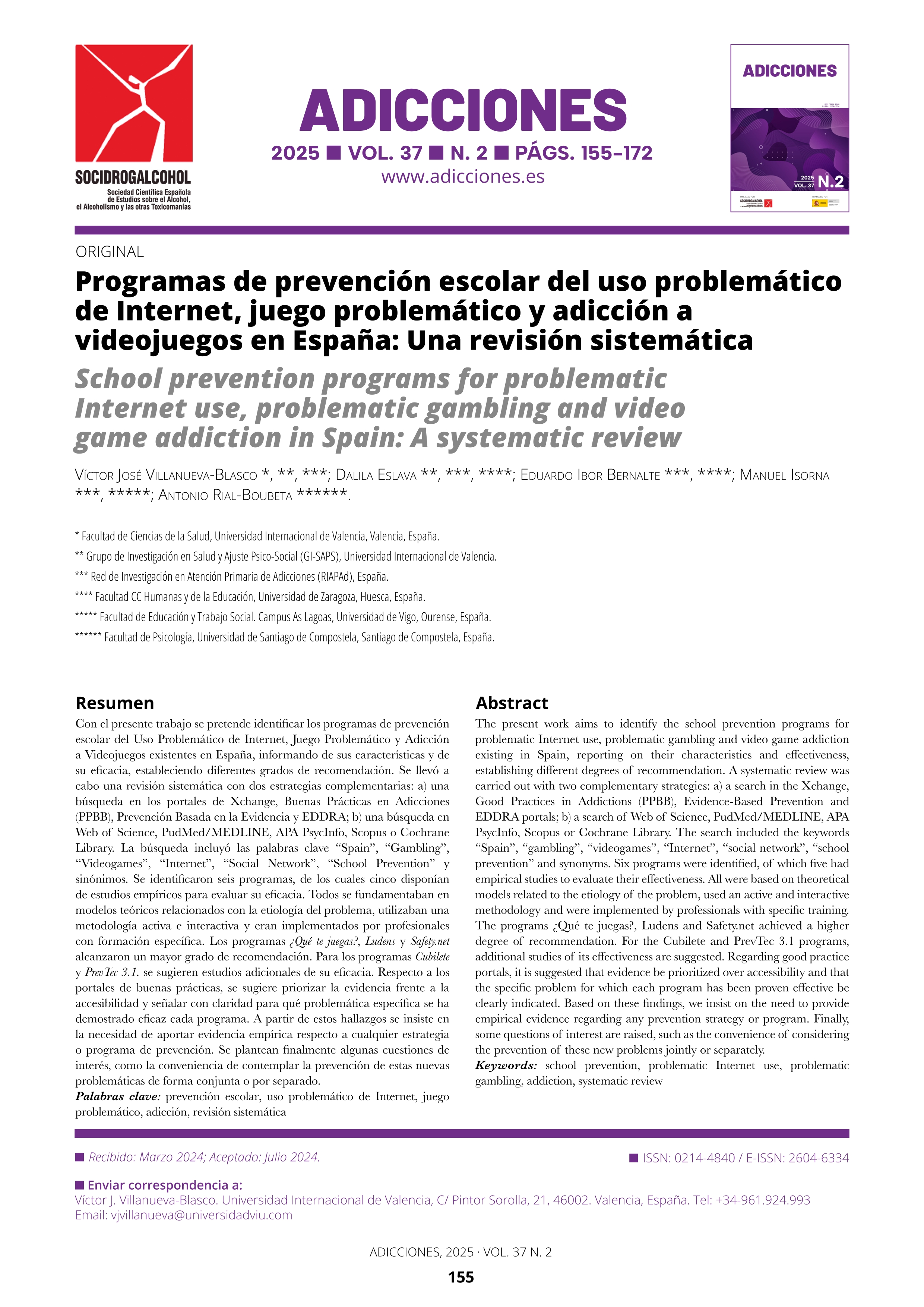 Programas de prevención escolar del uso problemático de Internet, juego problemático y adicción a videojuegos en España: una revisión sistemática