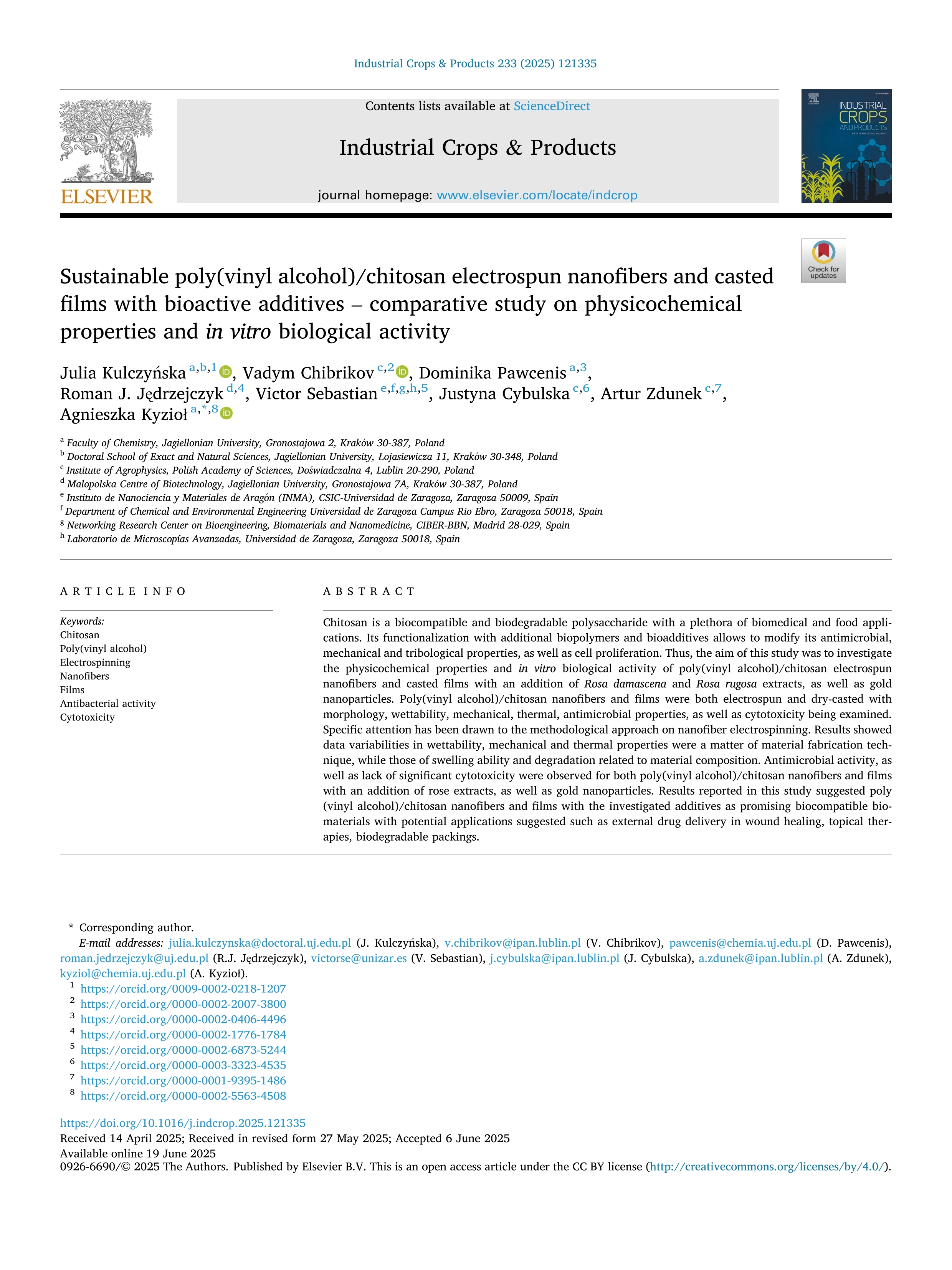 Sustainable poly(vinyl alcohol)/chitosan electrospun nanofibers and casted films with bioactive additives – comparative study on physicochemical properties and in vitro biological activity