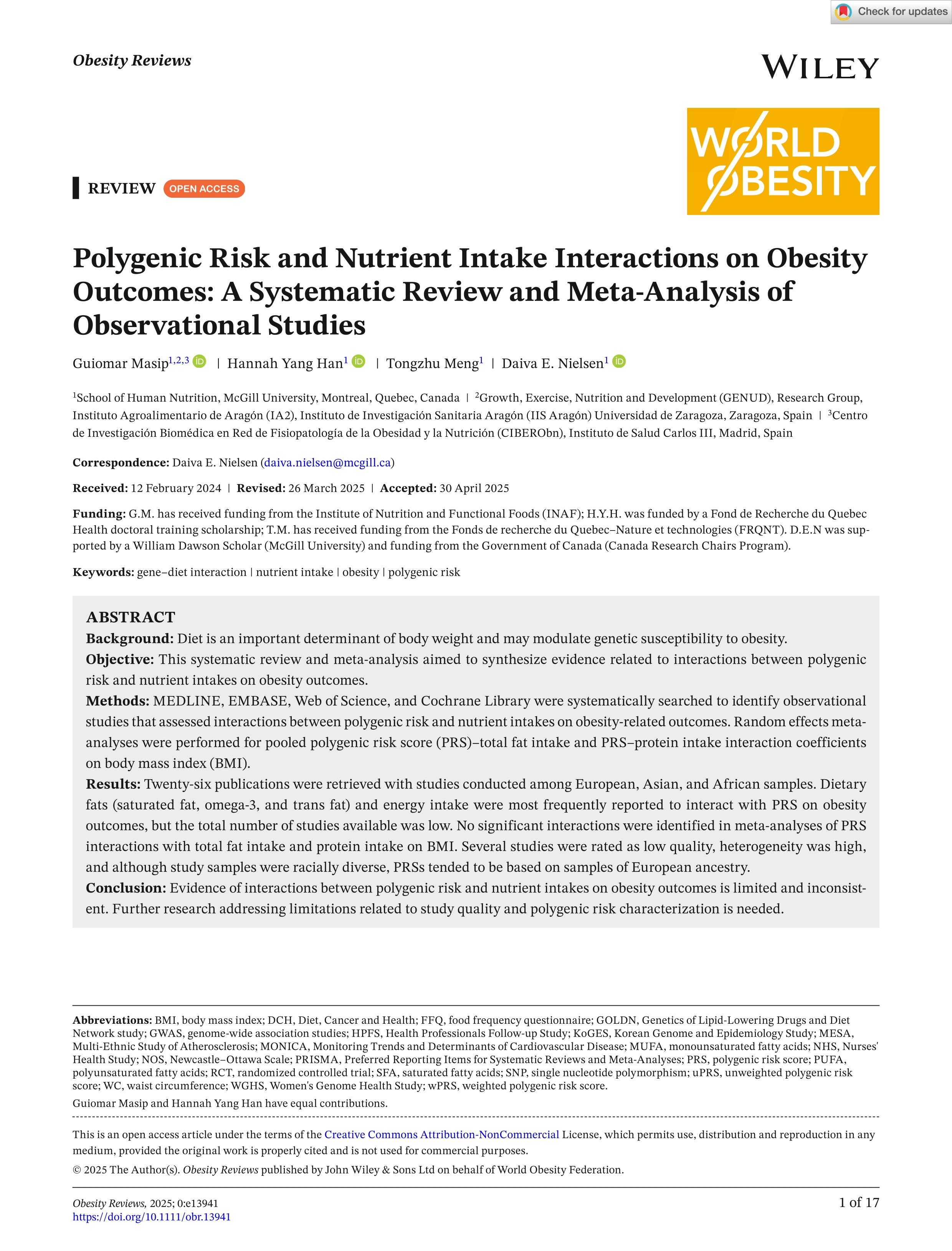 Polygenic Risk and Nutrient Intake Interactions on Obesity Outcomes: A Systematic Review and Meta‐Analysis of Observational Studies