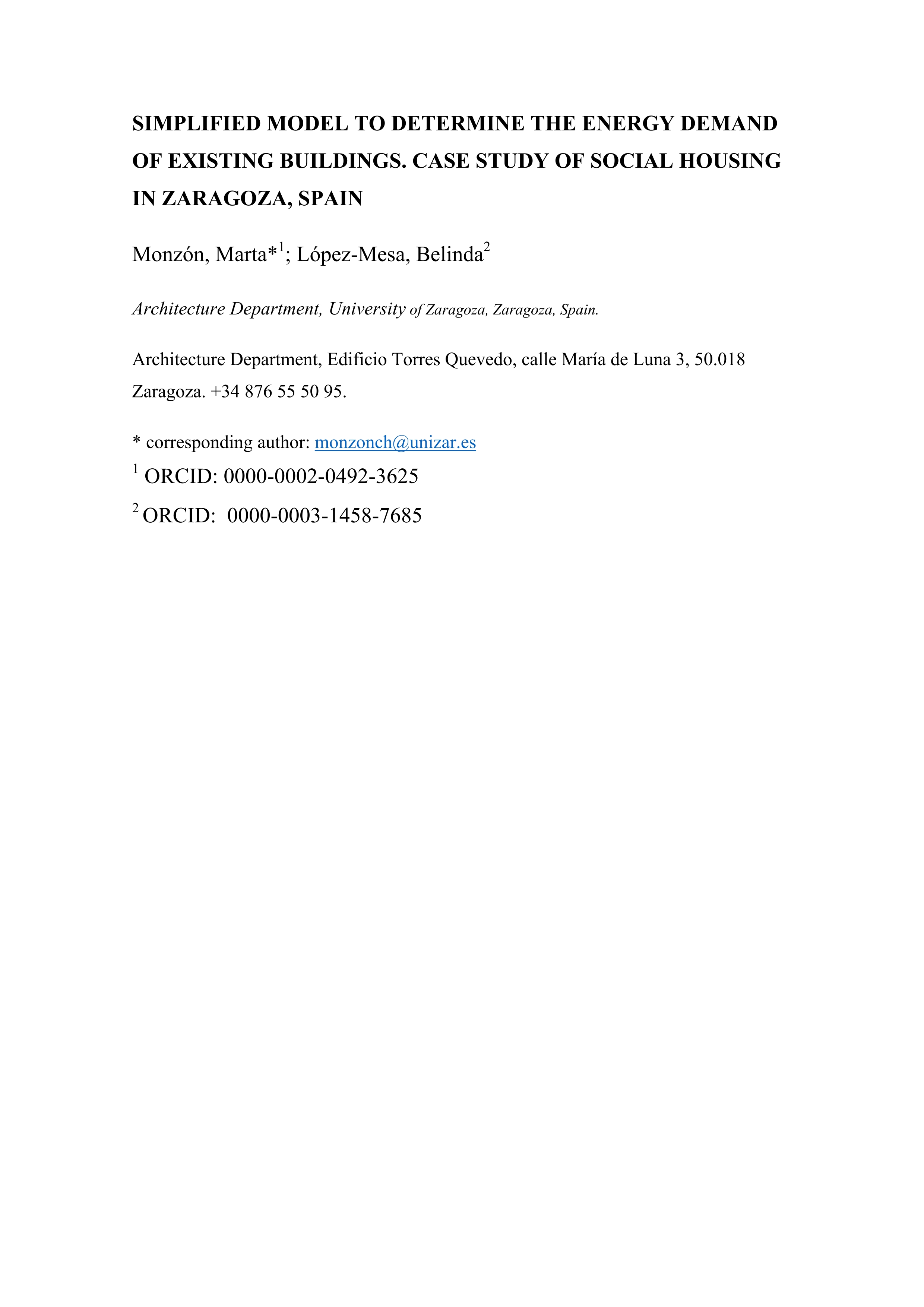 Simplified model to determine the energy demand of existing buildings. Case study of social housing in Zaragoza, Spain