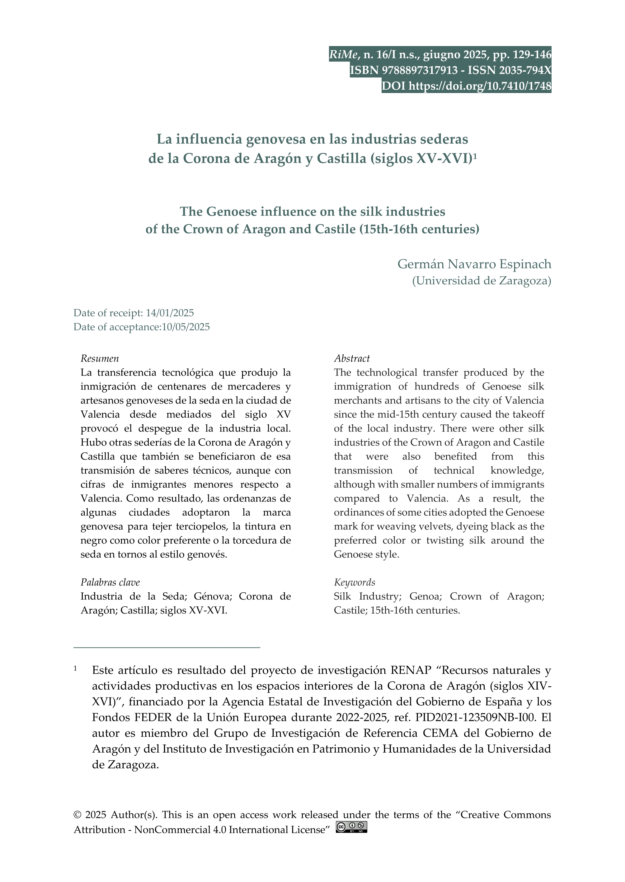 La influencia genovesa en las industrias sederas de la Corona de Aragón y Castilla (siglos XV-XVI)