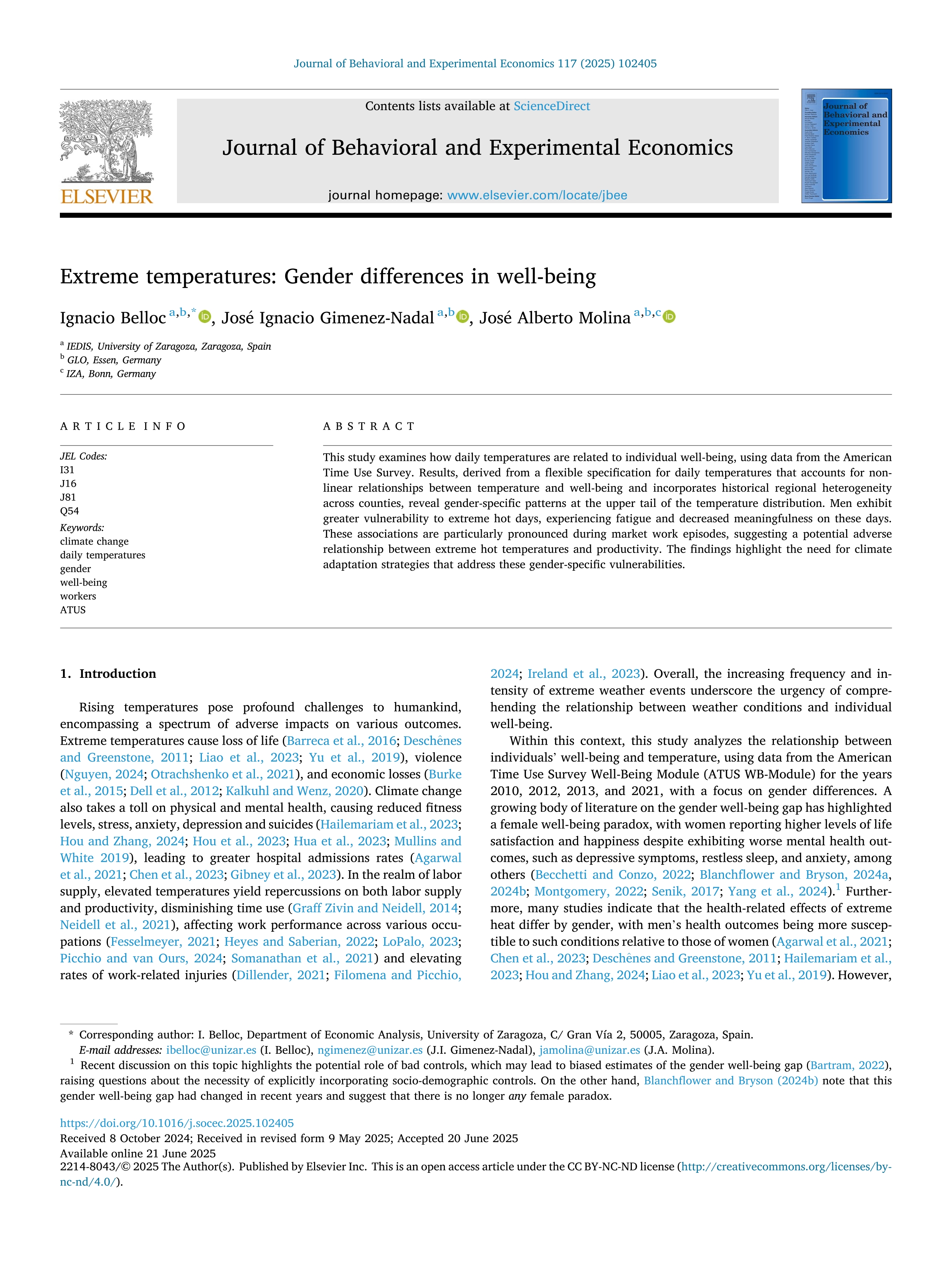 Extreme temperatures: Gender differences in well-being