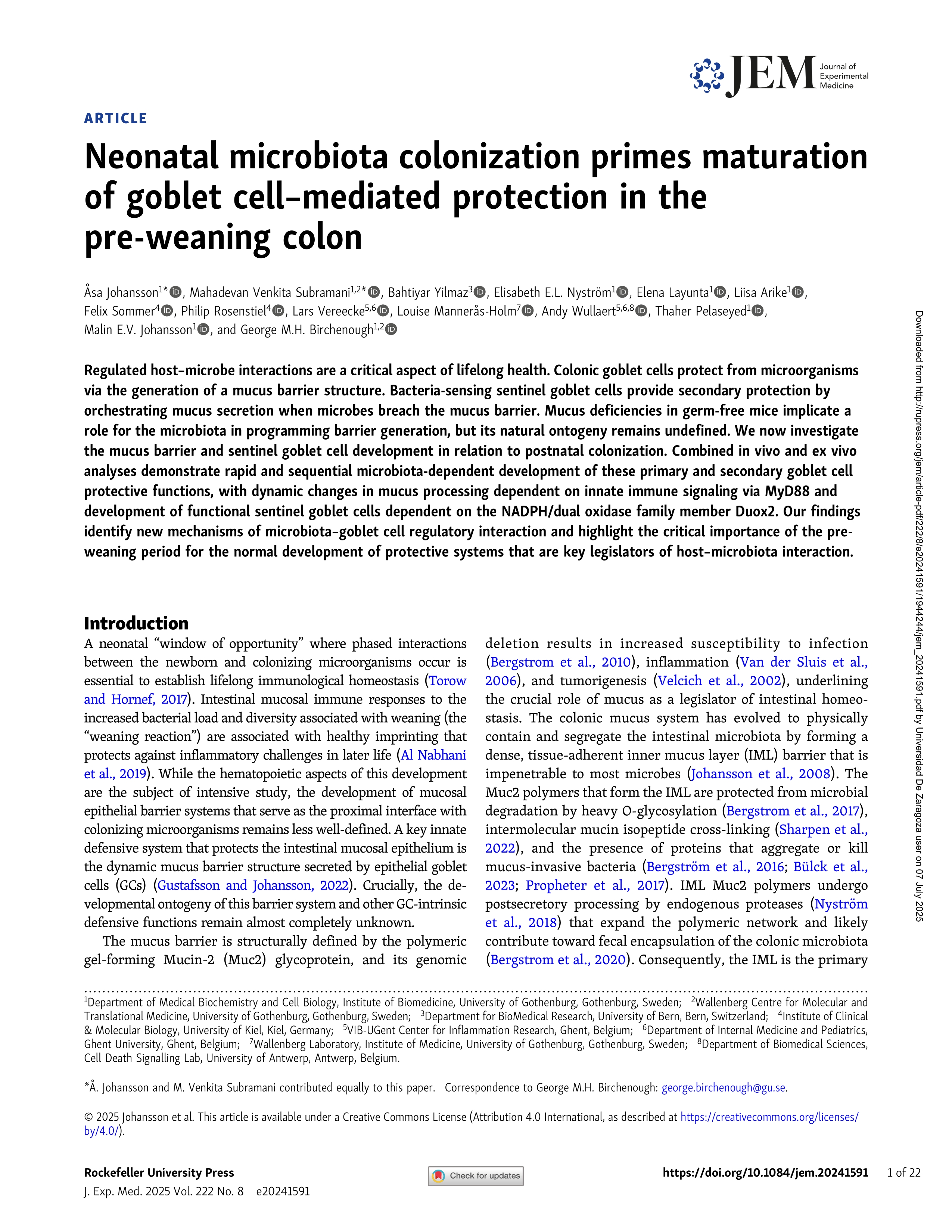 Neonatal microbiota colonization primes maturation of goblet cell–mediated protection in the pre-weaning colon