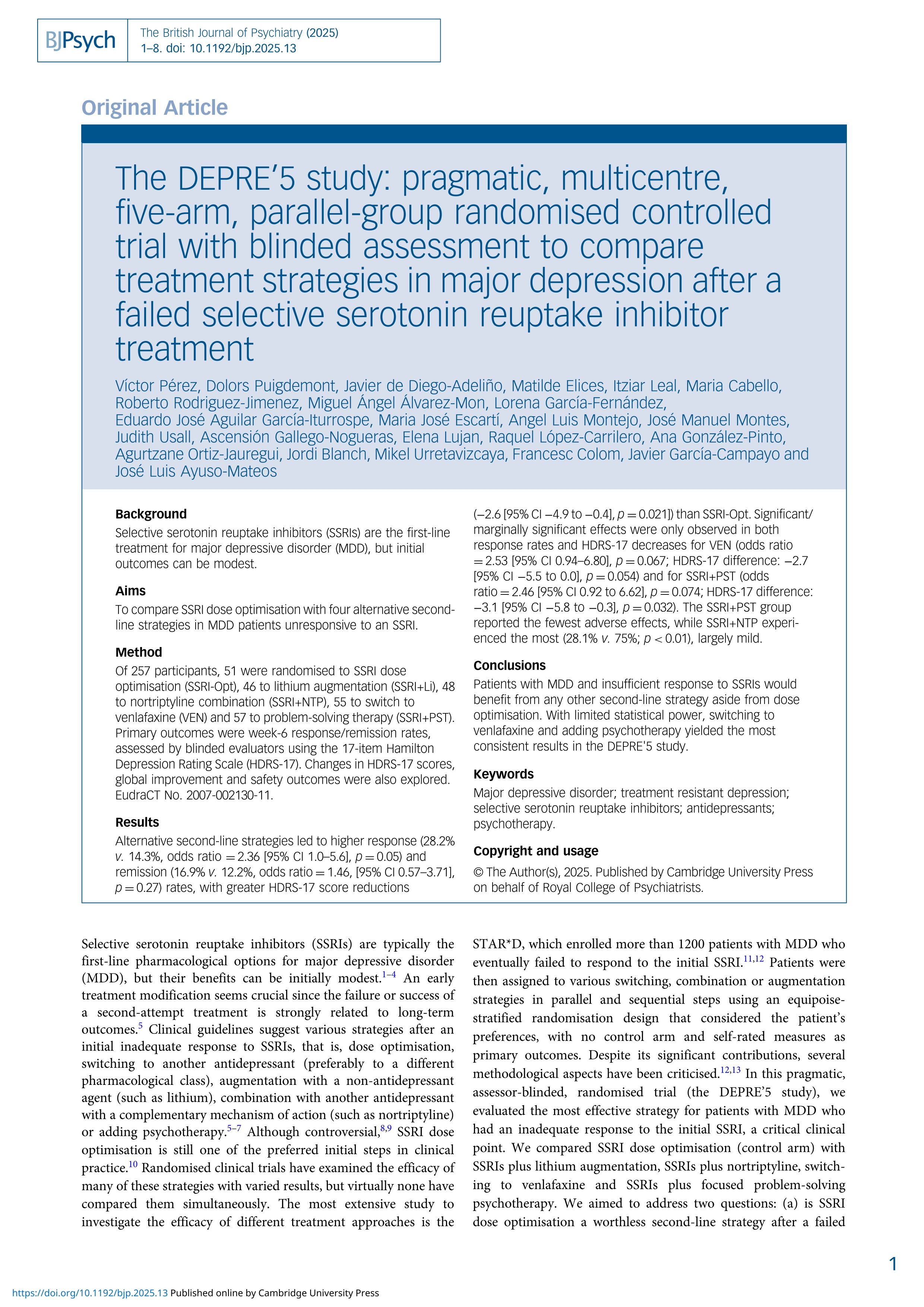 The DEPRE’5 study: pragmatic, multicentre, five-arm, parallel-group randomised controlled trial with blinded assessment to compare treatment strategies in major depression after a failed selective serotonin reuptake inhibitor treatment