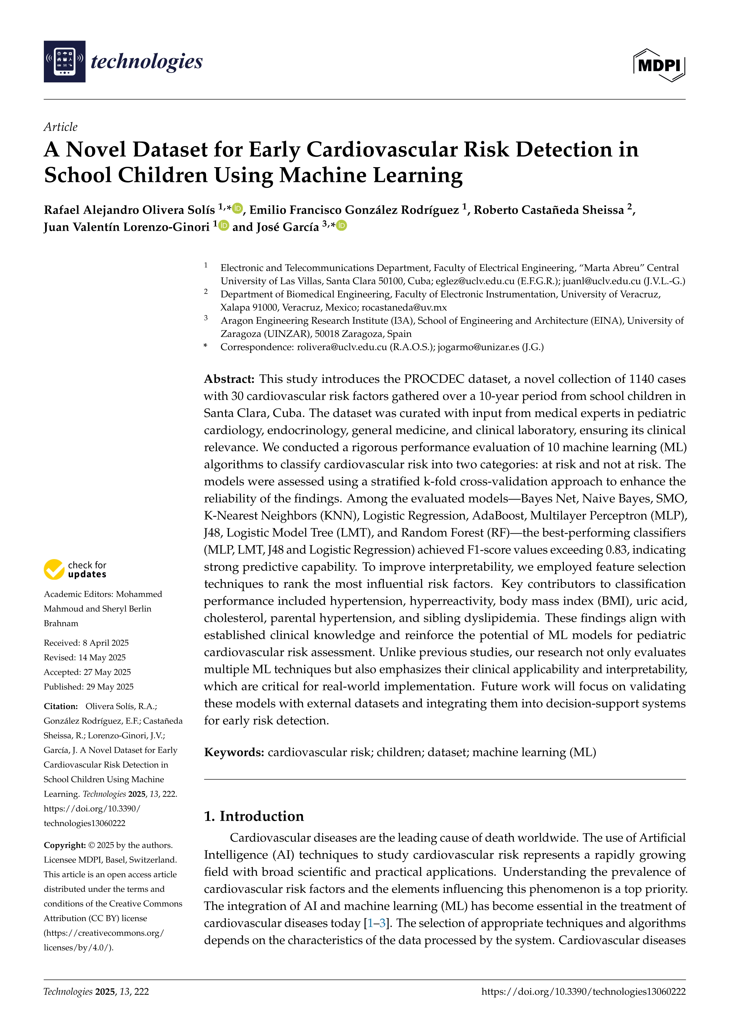 A Novel Dataset for Early Cardiovascular Risk Detection in School Children Using Machine Learning