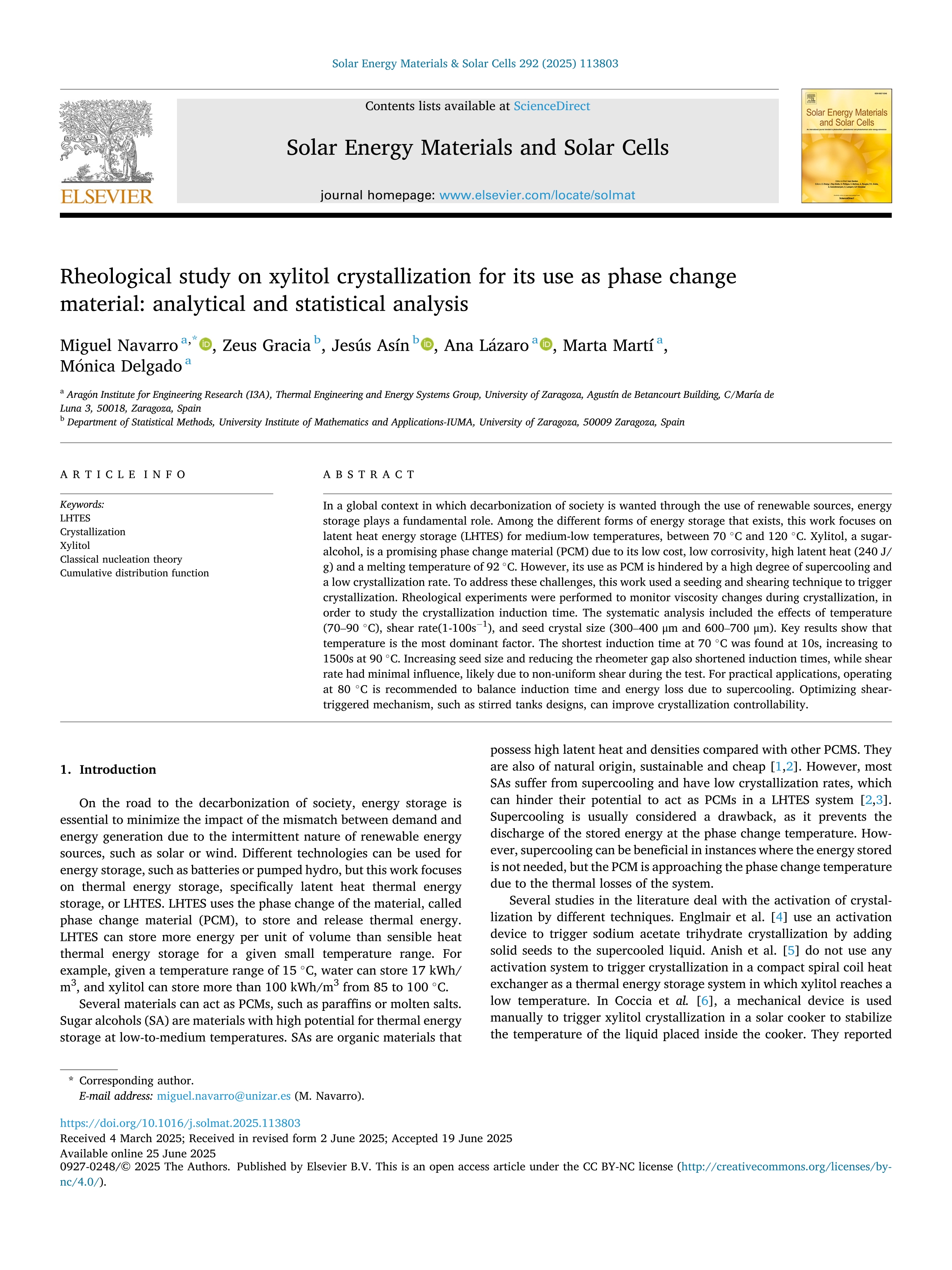 Rheological study on xylitol crystallization for its use as phase change material: analytical and statistical analysis