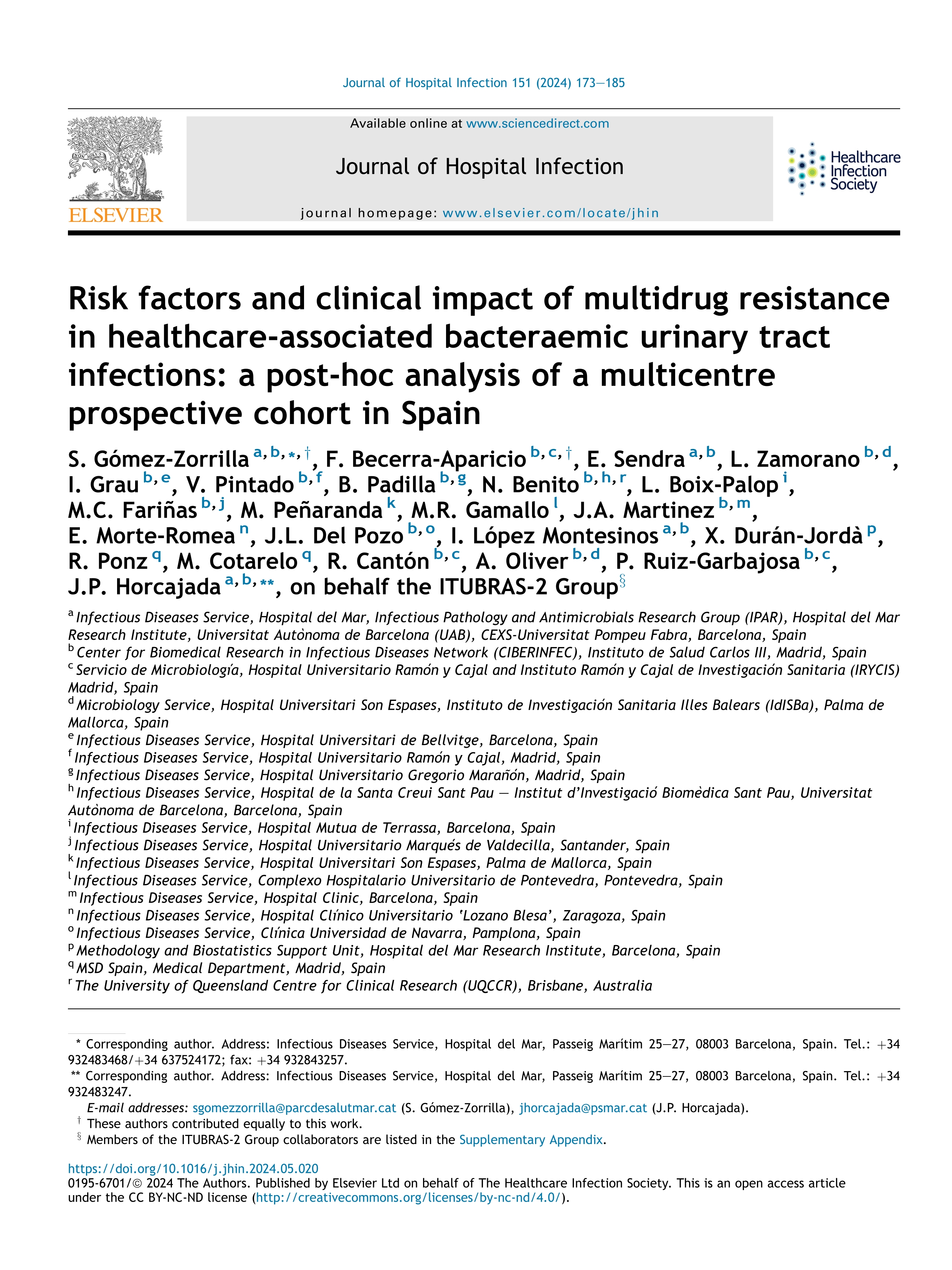 Risk factors and clinical impact of multi drug resistance in healthcare-associated bacteremic urinary tract infections: a post-hoc analysis of a multi center prospective cohort in Spain