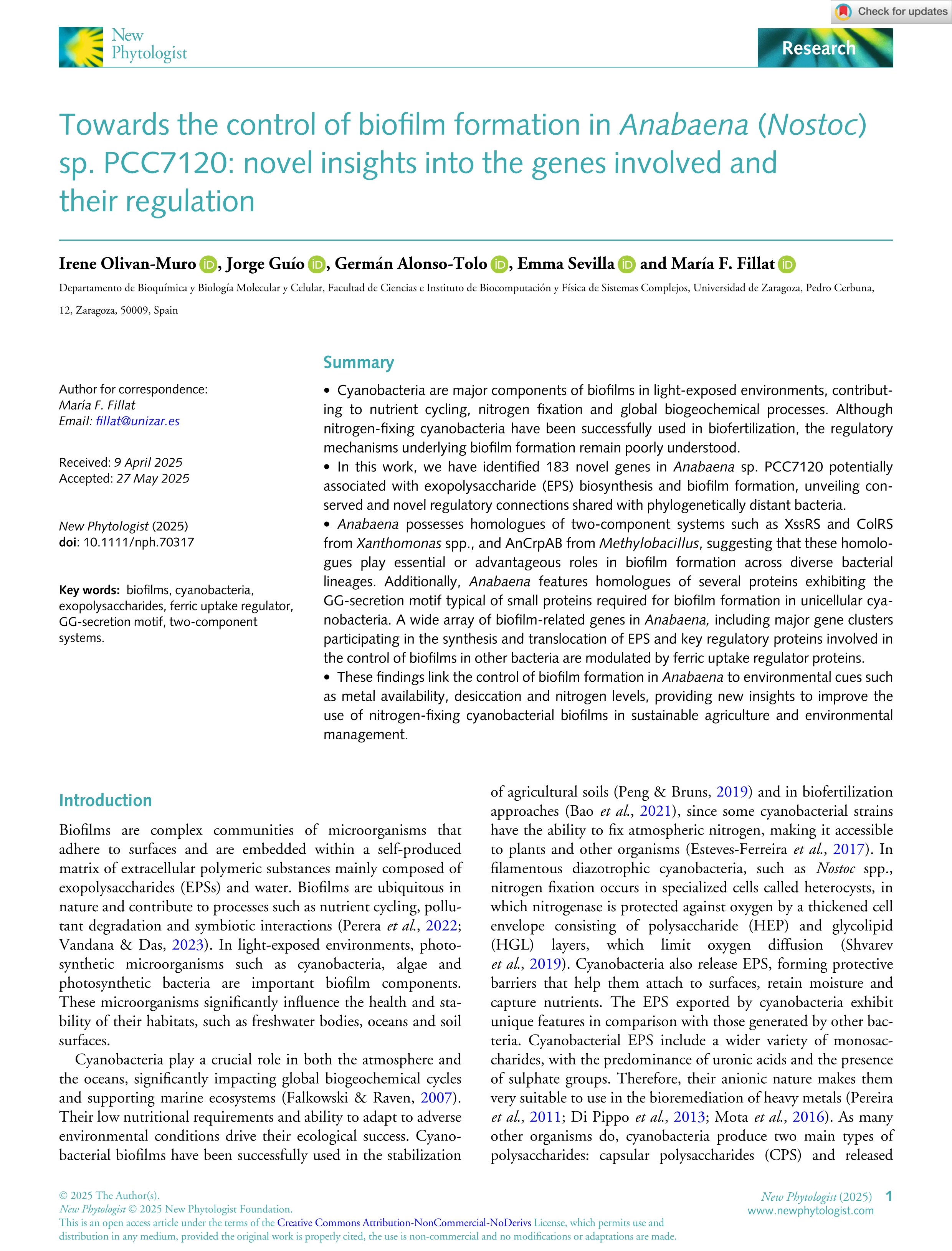 Towards the control of biofilm formation in Anabaena (Nostoc) sp. PCC7120: novel insights into the genes involved and their regulation