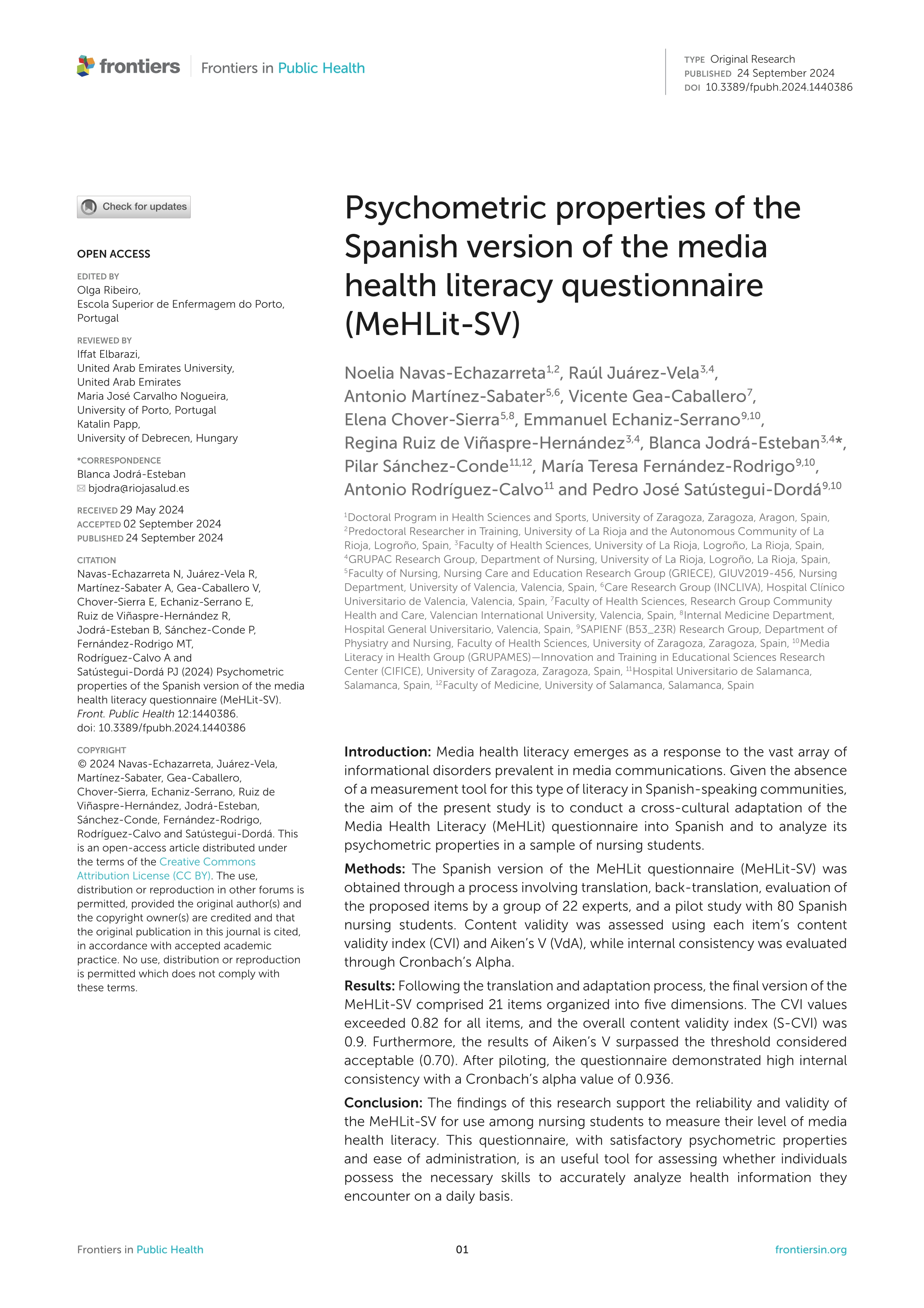 Psychometric properties of the Spanish version of the media health literacy questionnaire (MeHLit-SV)