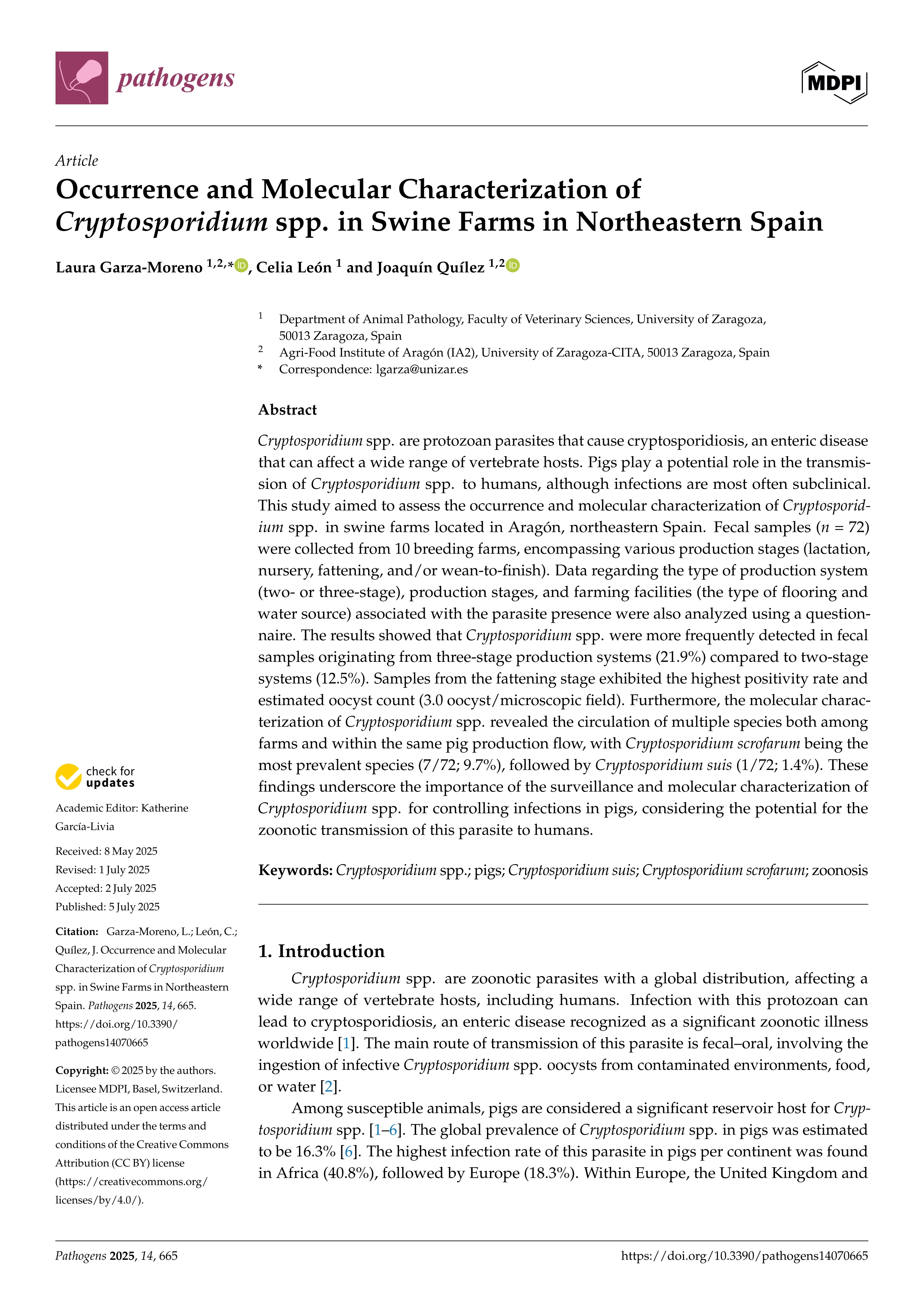 Occurrence and Molecular Characterization of Cryptosporidium spp. in Swine Farms in Northeastern Spain