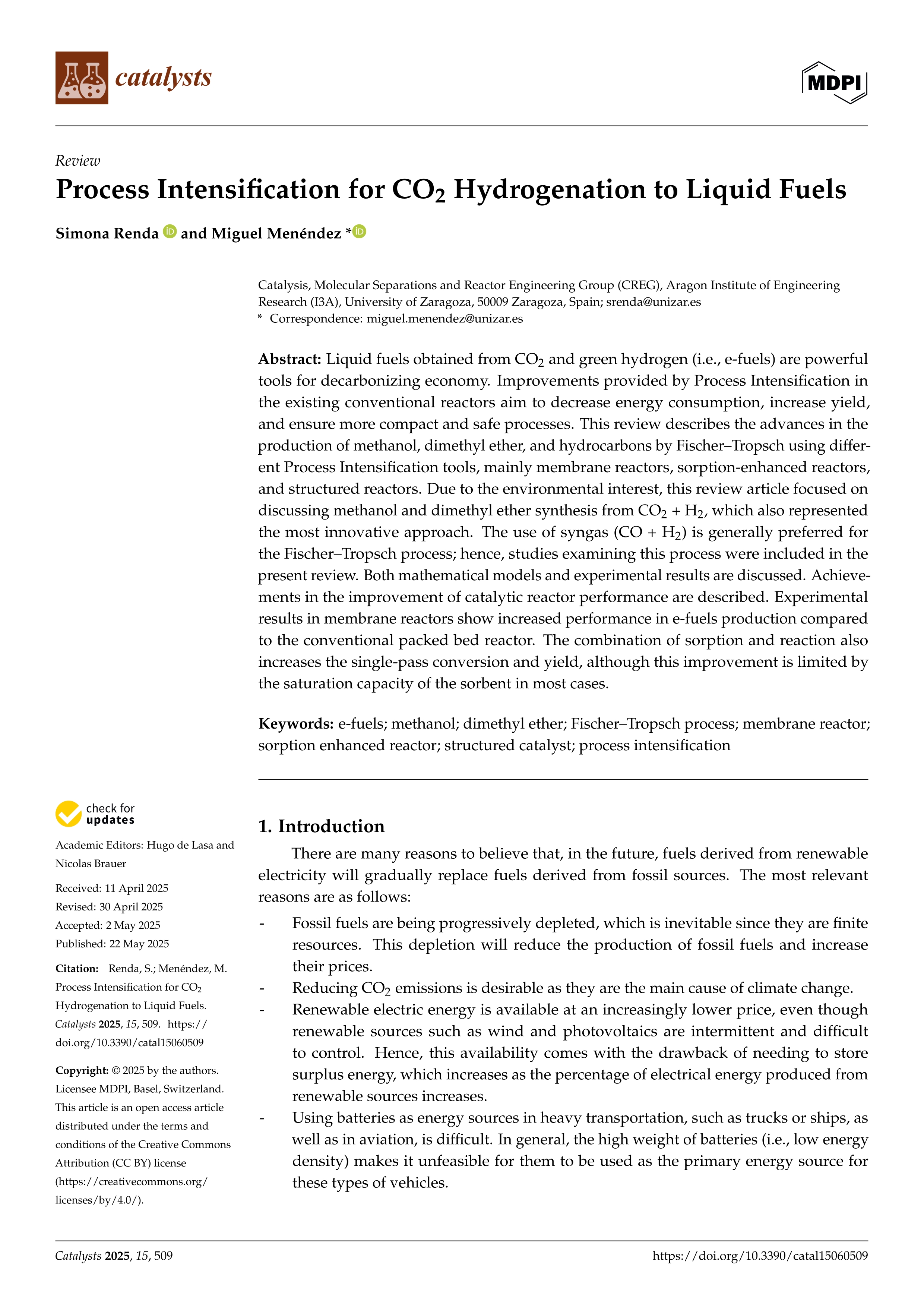 Process Intensification for CO2 Hydrogenation to Liquid Fuels
