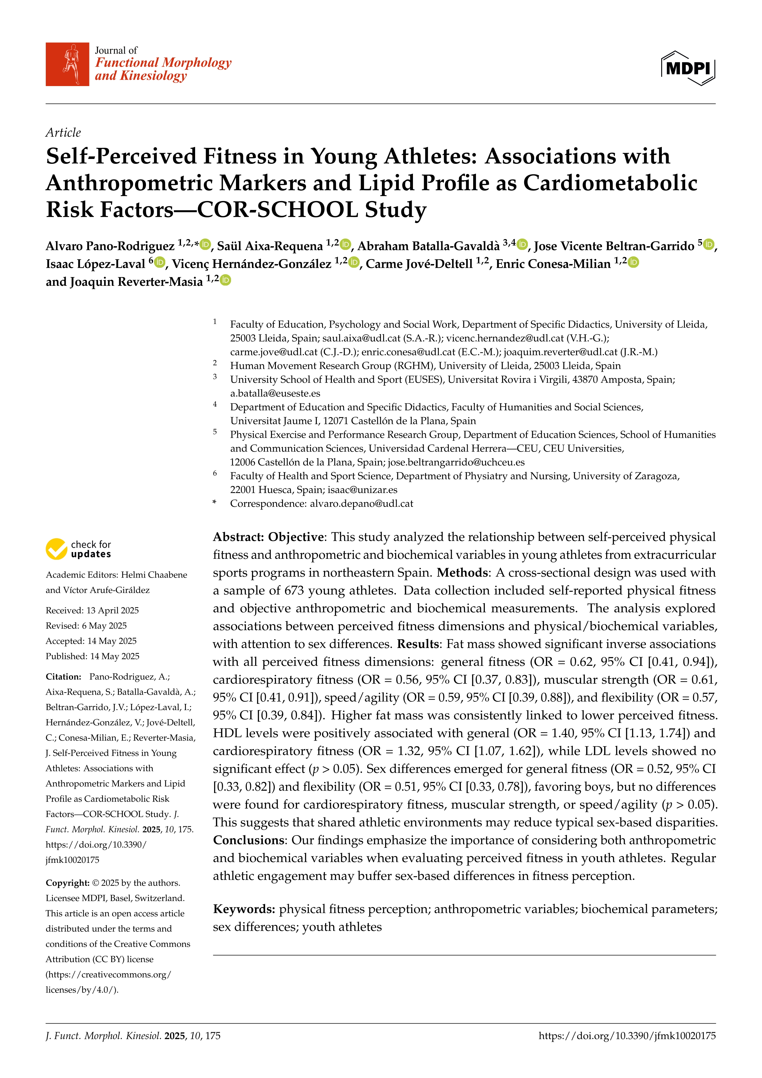 Self-Perceived Fitness in Young Athletes: Associations with Anthropometric Markers and Lipid Profile as Cardiometabolic Risk Factors—COR-SCHOOL Study