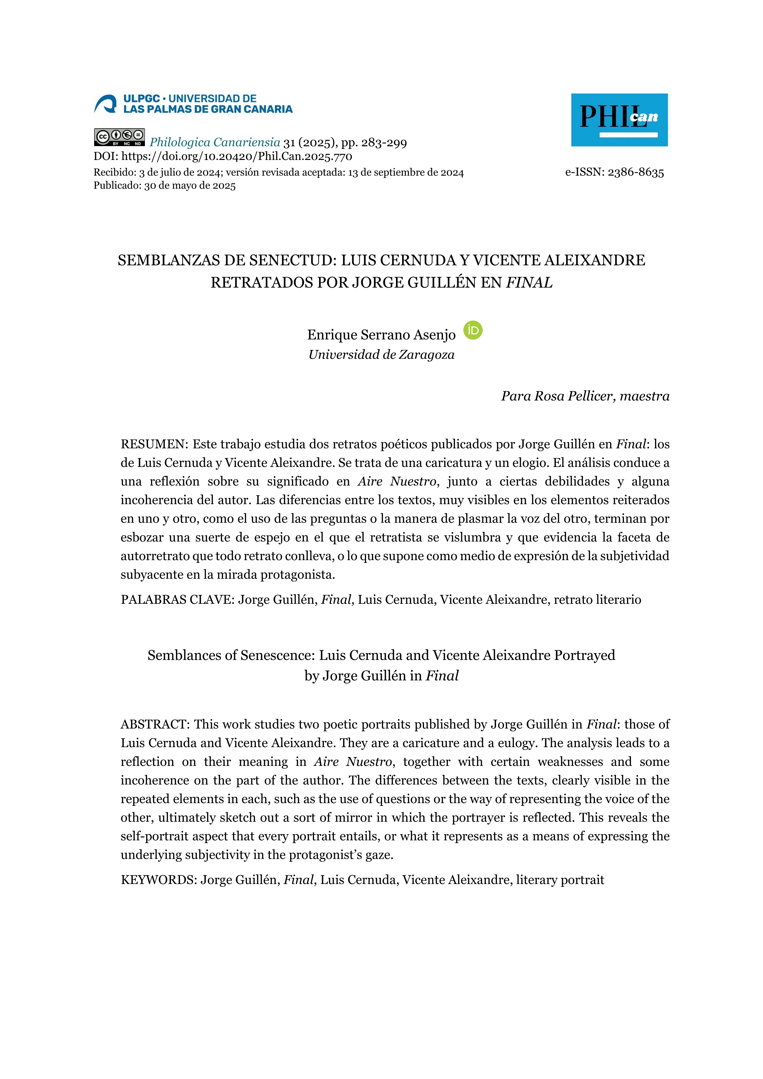Semblanzas de senectud: Luis Cernuda y Vicente Aleixandre retratados por Jorge Guillén en Final