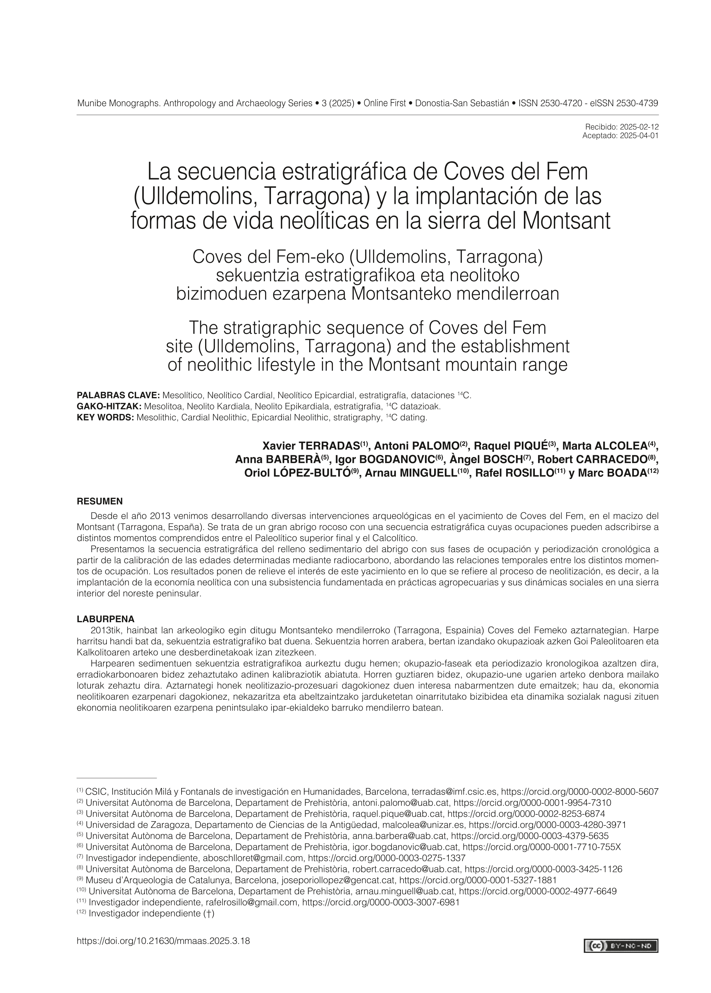 La secuencia estratigráfica de Coves del Fem (Ulldemolins, Tarragona) y la implantación de la  formas de vida neolíticas en la sierra del Montsant